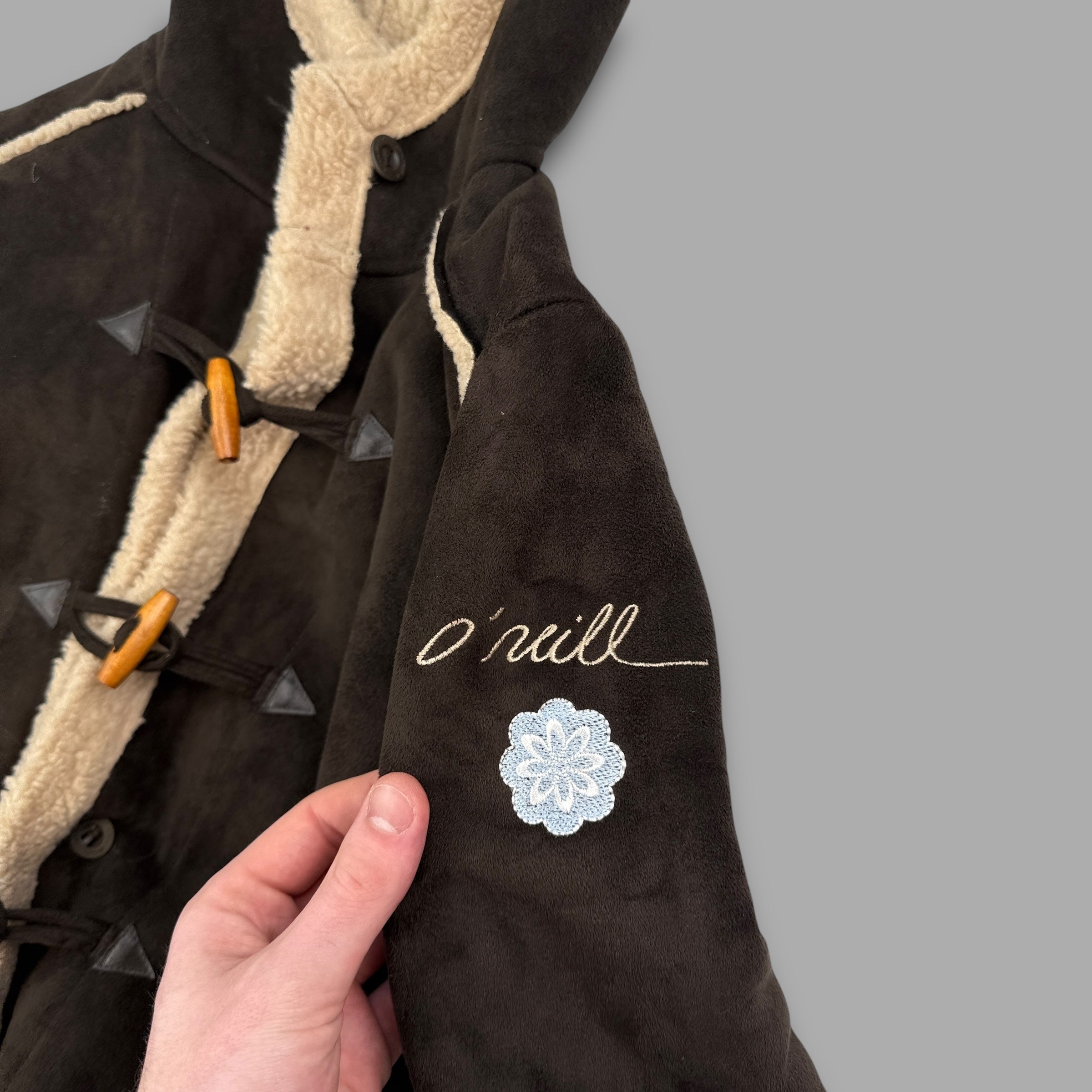 O'Neill 2000's suede, fleece-lined, hooded duffle coat with embroidery near the pockets (S) wms