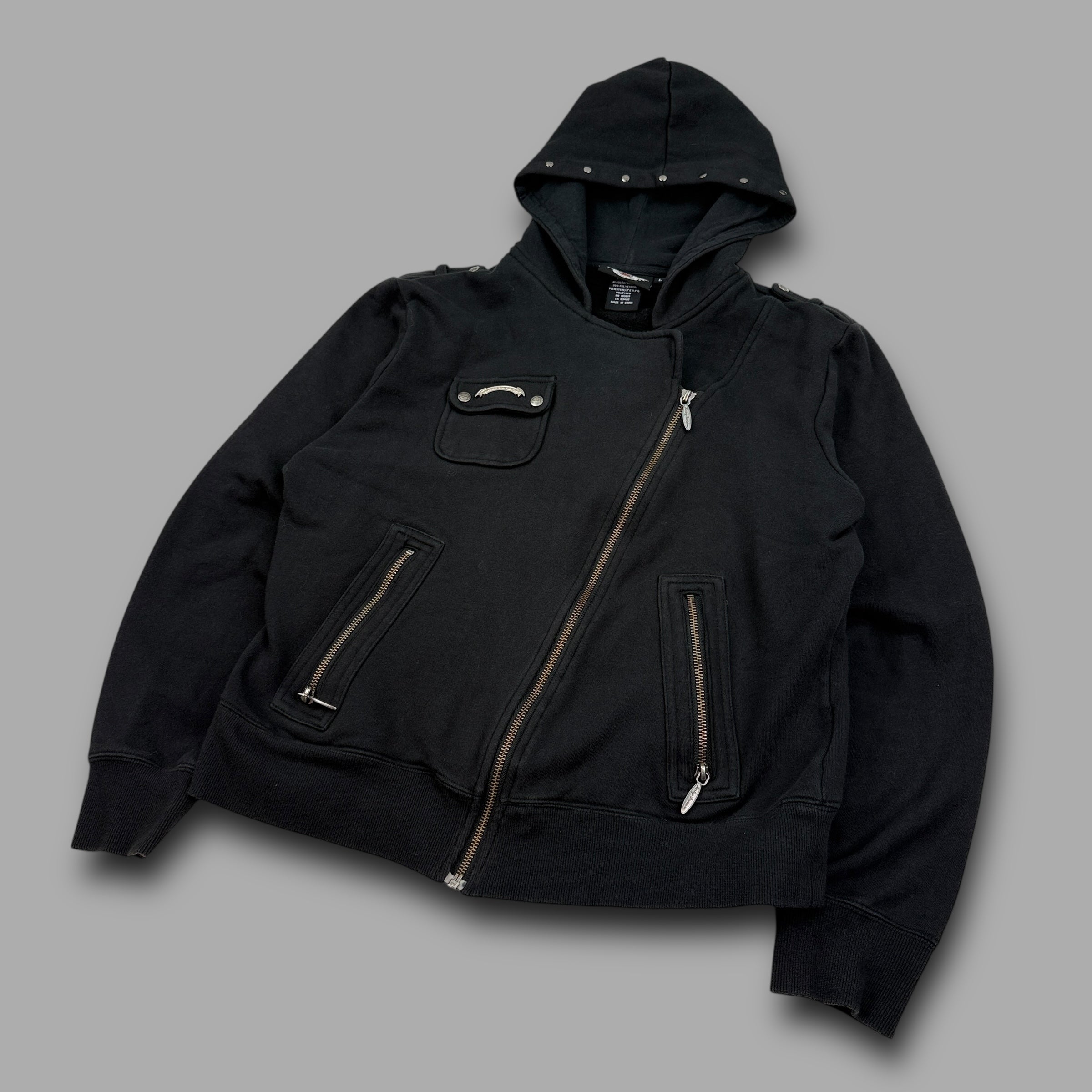 Harley Davidson 2000's technical asymmetrical zip graphic hoodie (L) wms