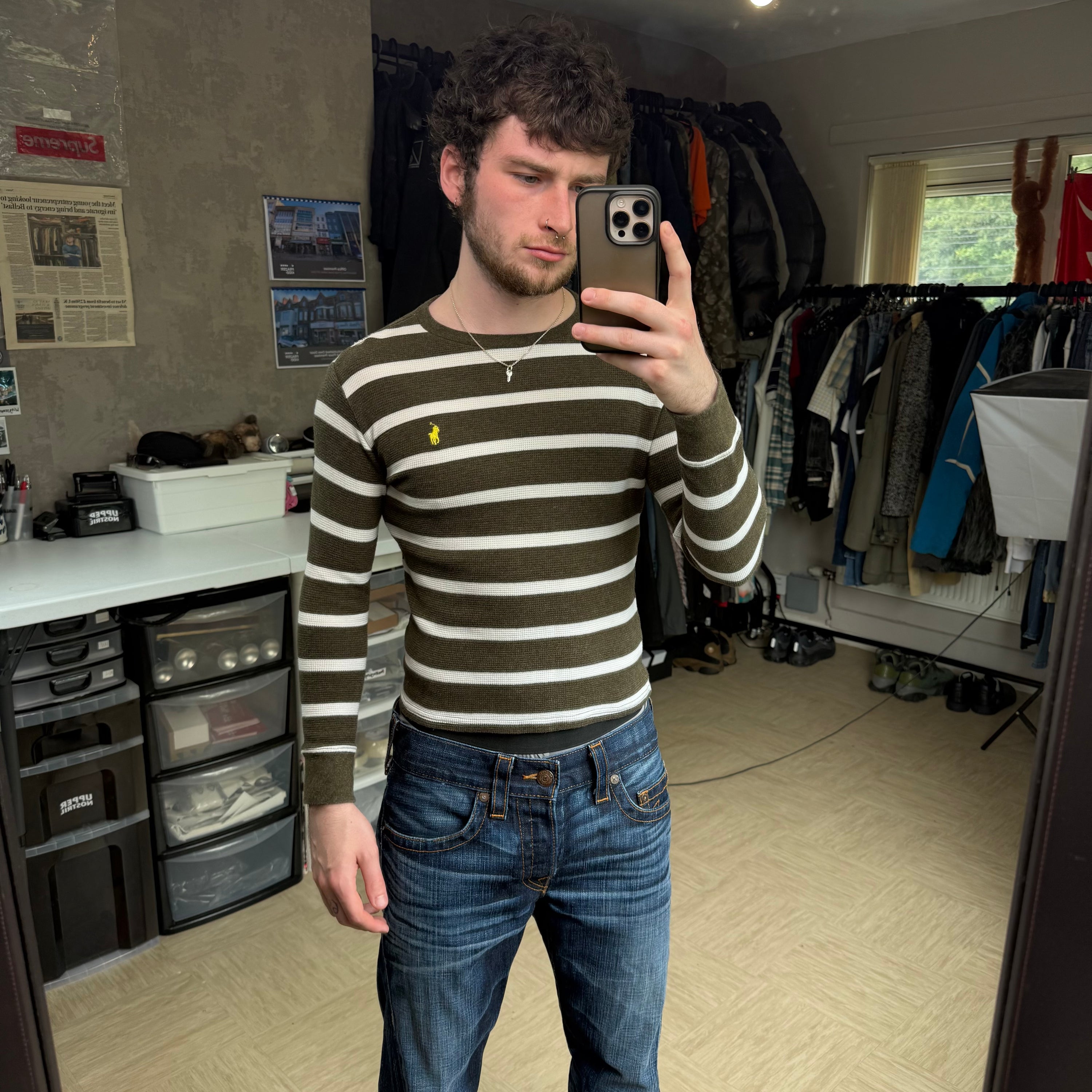 Ralph Lauren 2000's fitted horizontal stripe waffle knit long sleeve (XS)