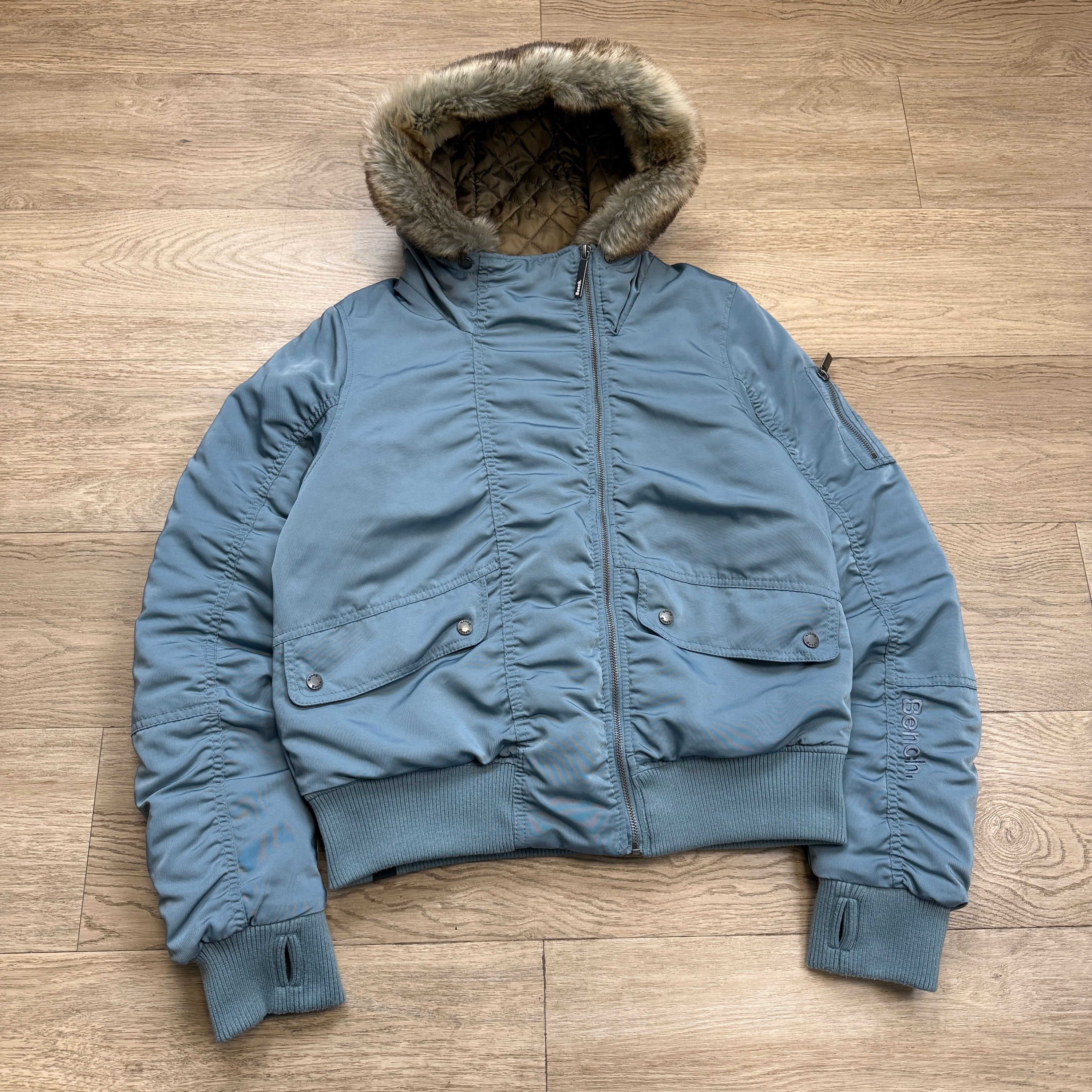 Bench 2000's asymmetrical zip fur hooded bomber jacket (L) wms