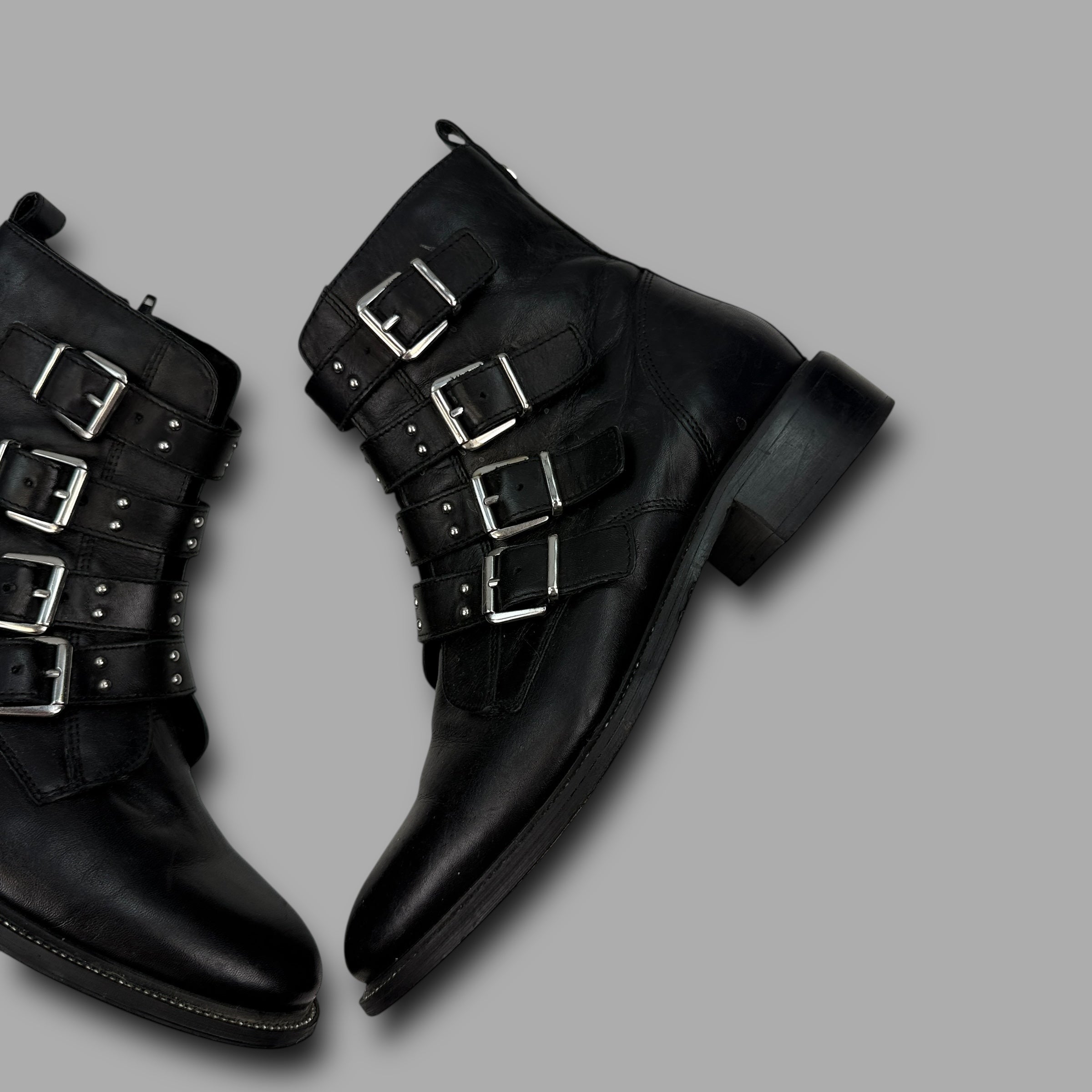 Carvela strap black leather studded buckle ankle boots (UK7)