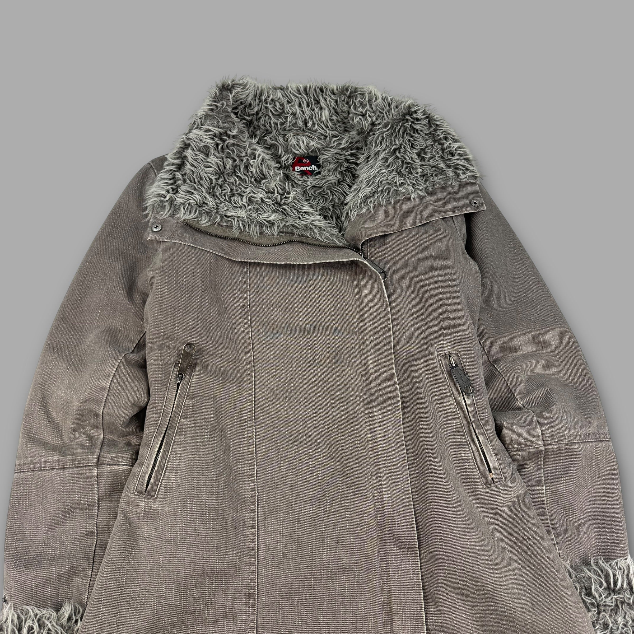 Bench 2000's funnel neck asymmetrical zip fleece lined long jacket (S)