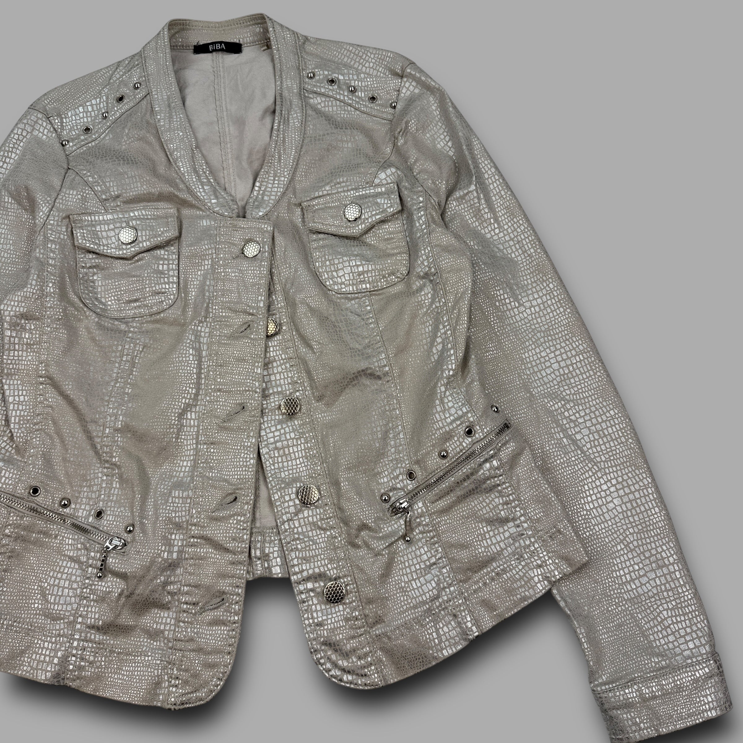 Biba 2000's silver studded bomber jacket with faux crocodile skin pattern and pockets (S) wms