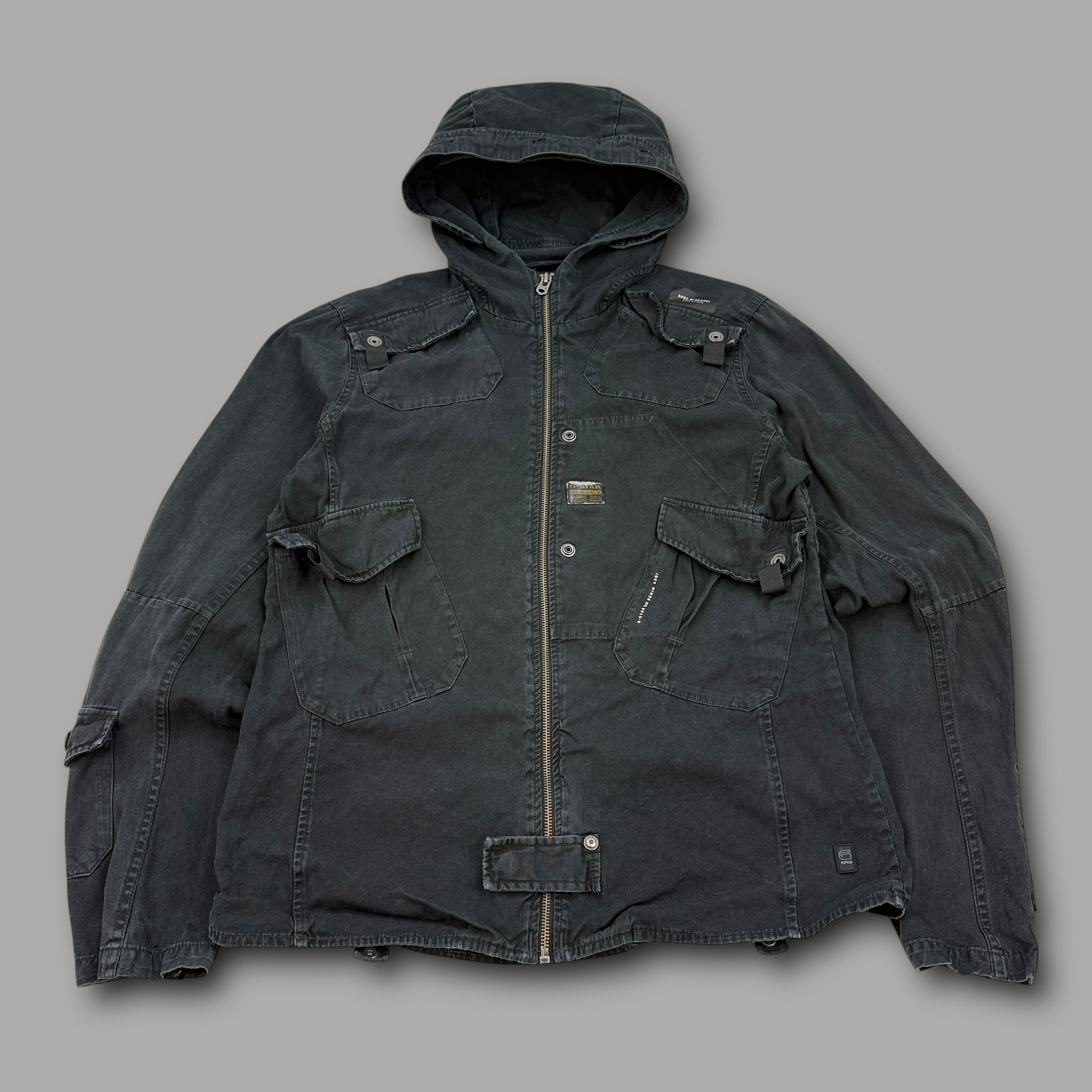 Gstar RAW 2000's technical multi-pocket hooded military jacket (L)