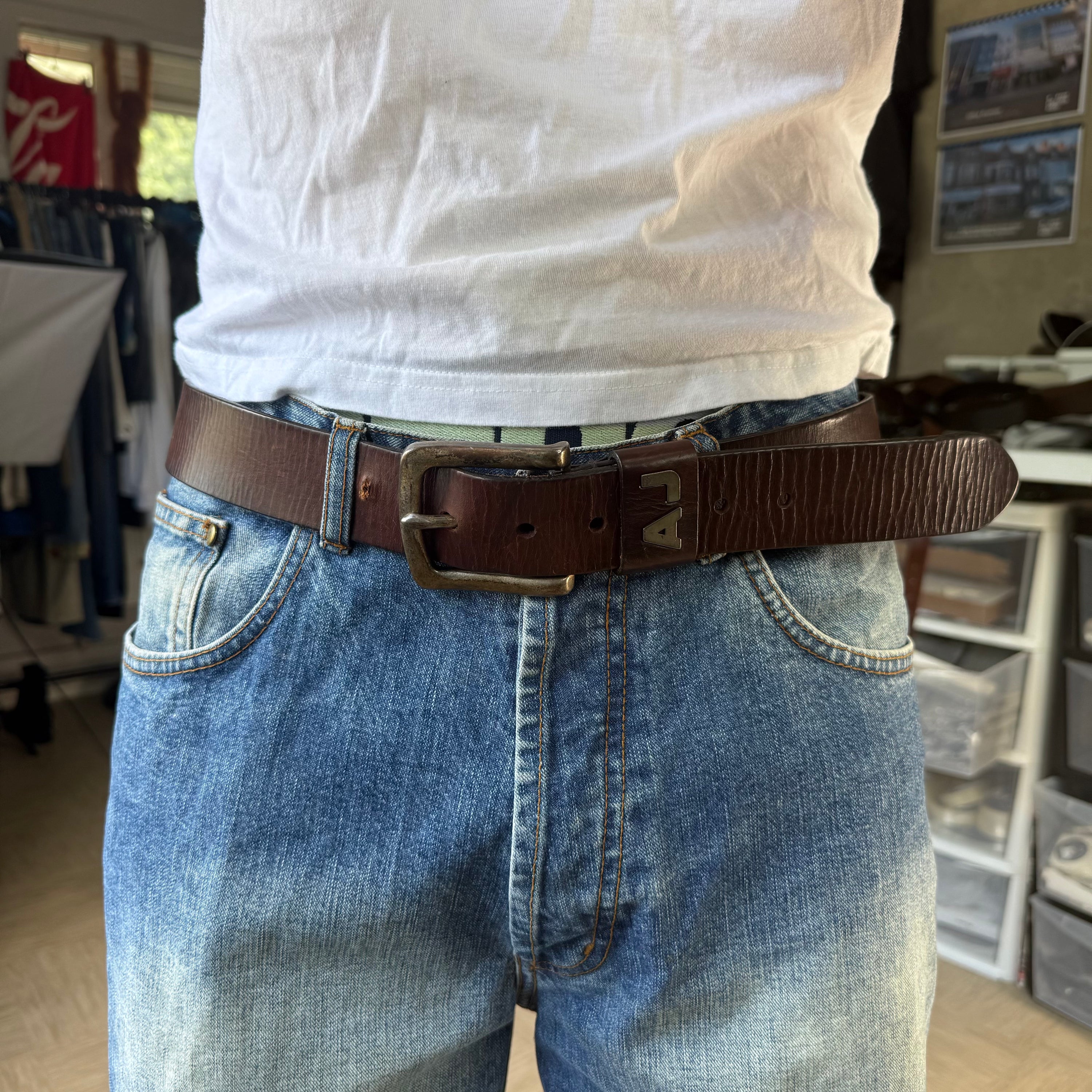 Armani jeans 2000's big buckle dark brown leathe belt (OS)