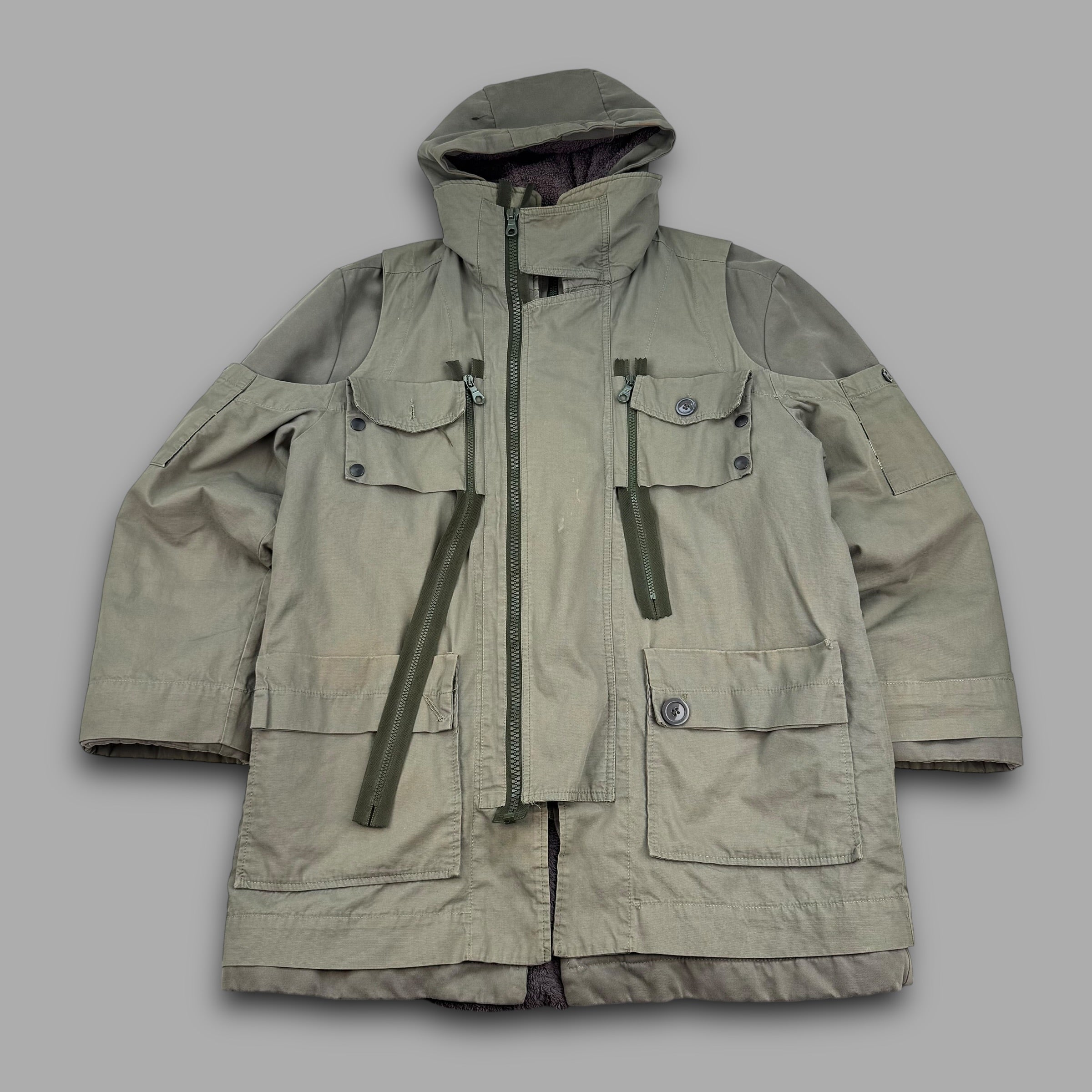 Diesel style lab 2000's technical multi-pocket heavyweight fur lined parka jacket (L)