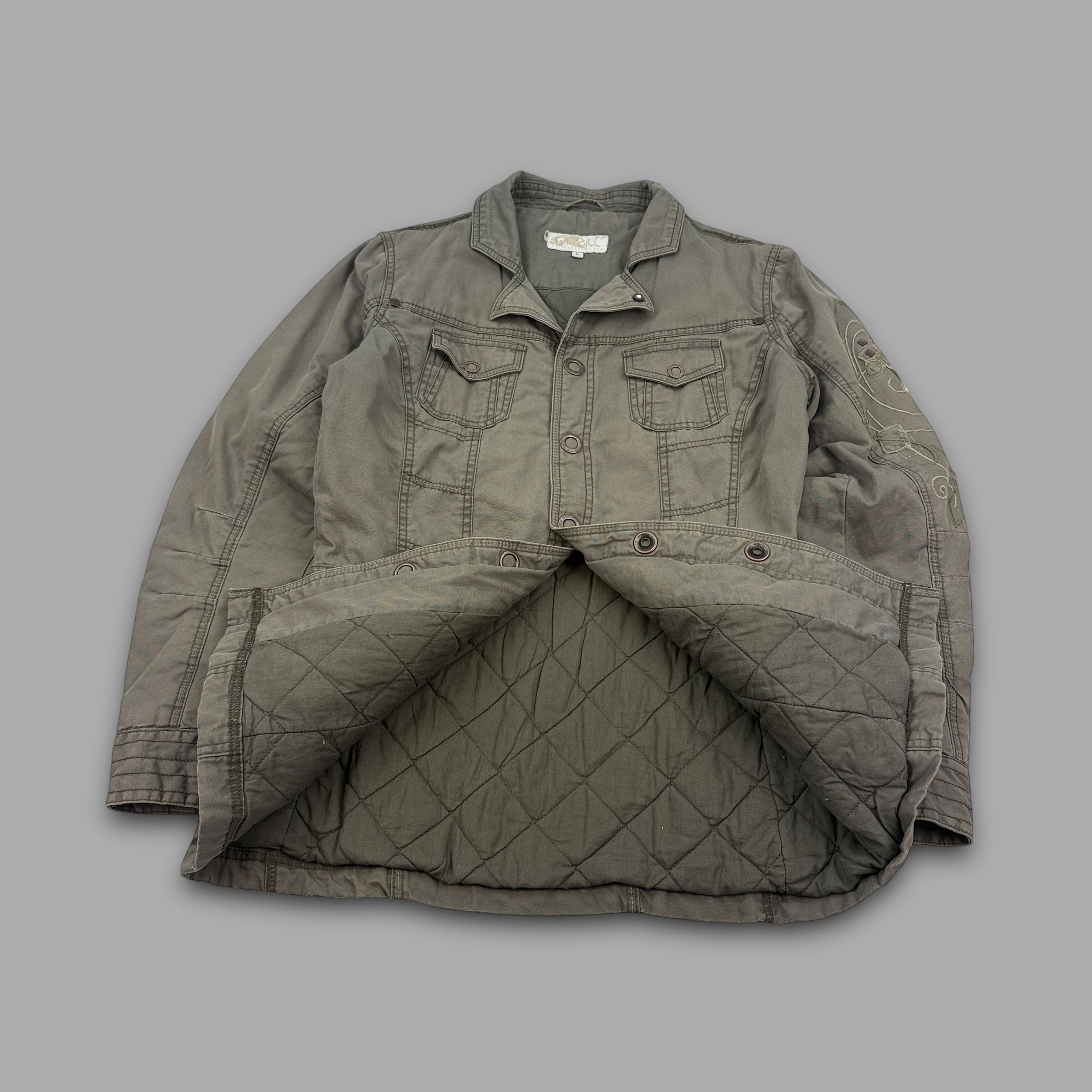 O'Neill 2000's multi-pocketed, pop button, embroidered utility jacket (L) wms