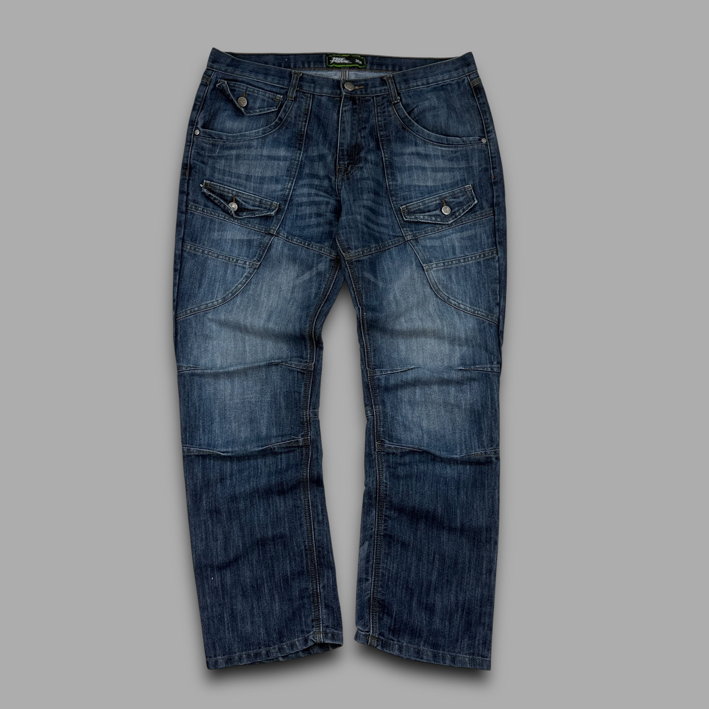 No fear 2000's contrast stitch denim bootcut cargo jeans (L)