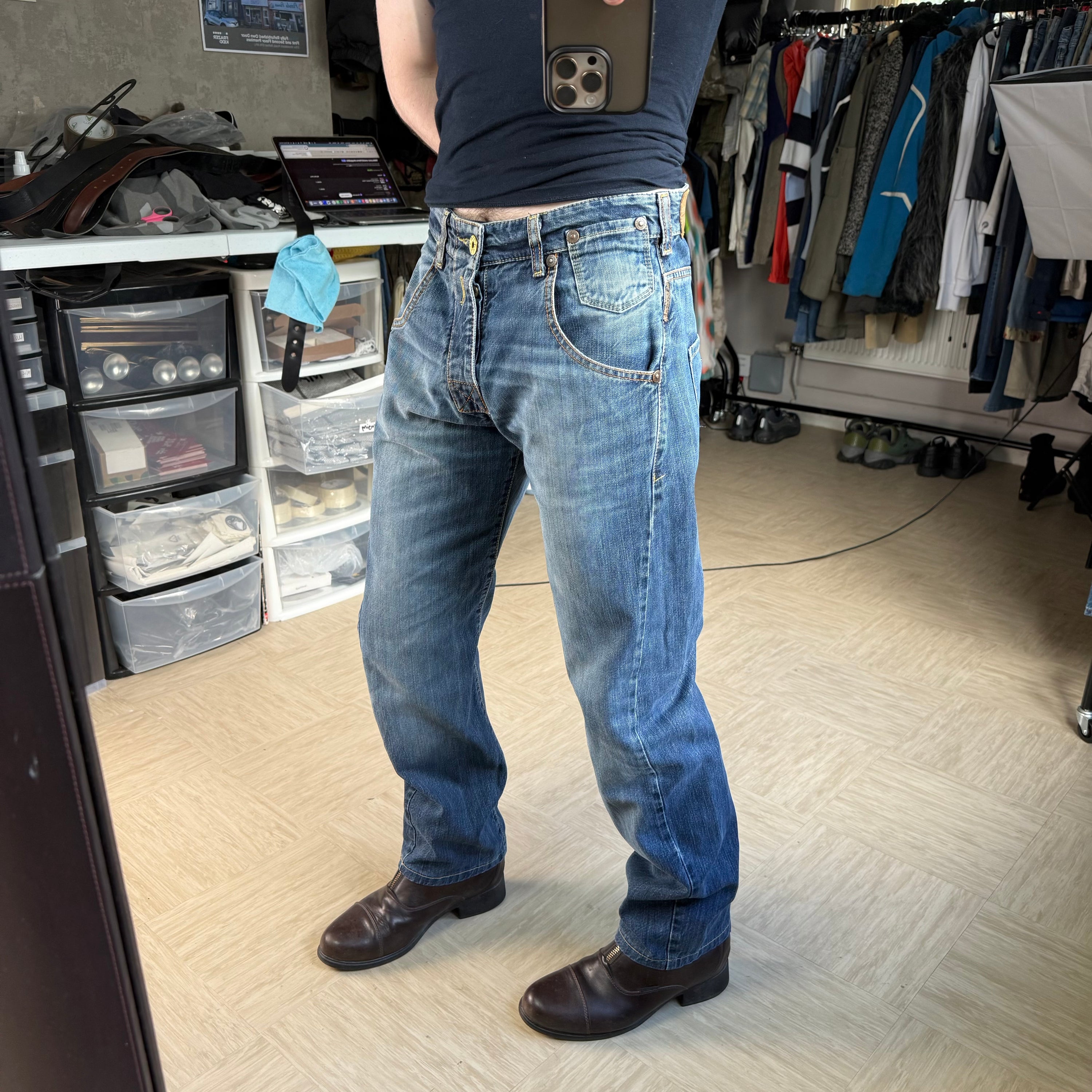 Armani 2000's twisted relaxed fit denim bootcut jeans (S)