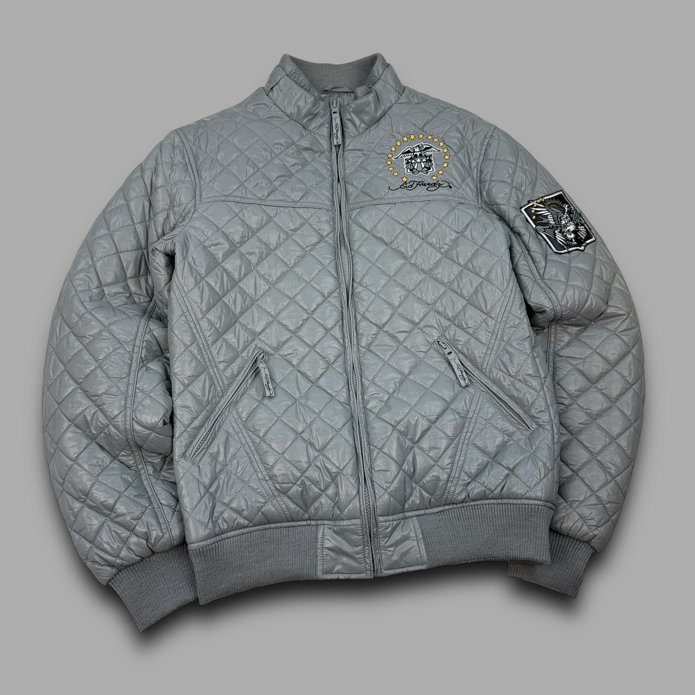 Ed hardy 2000's diamond stitch graphic quilted puffer jacket (M)