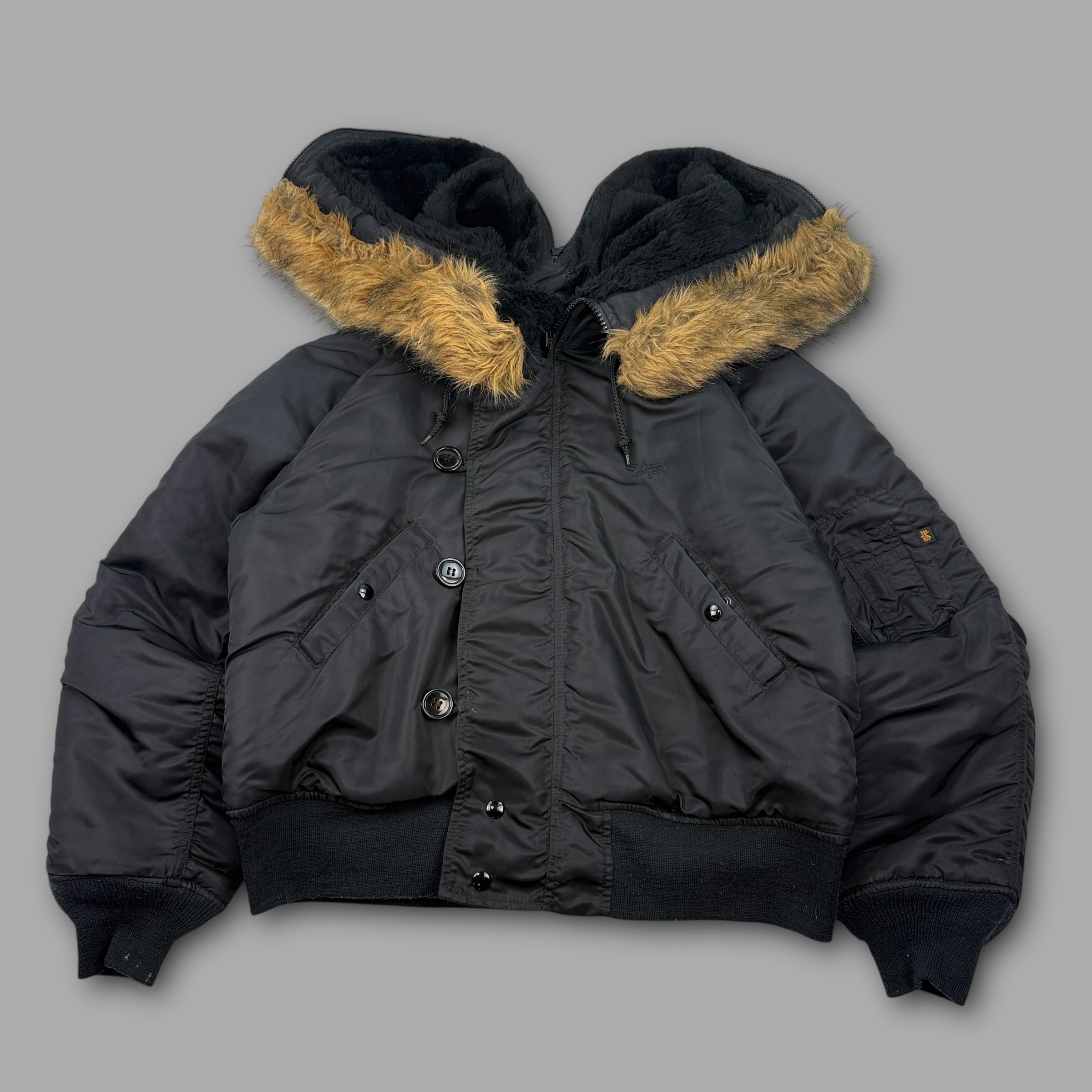Alpha industries 2000's technical nylon split fur hood cropped bomber jacket (M)