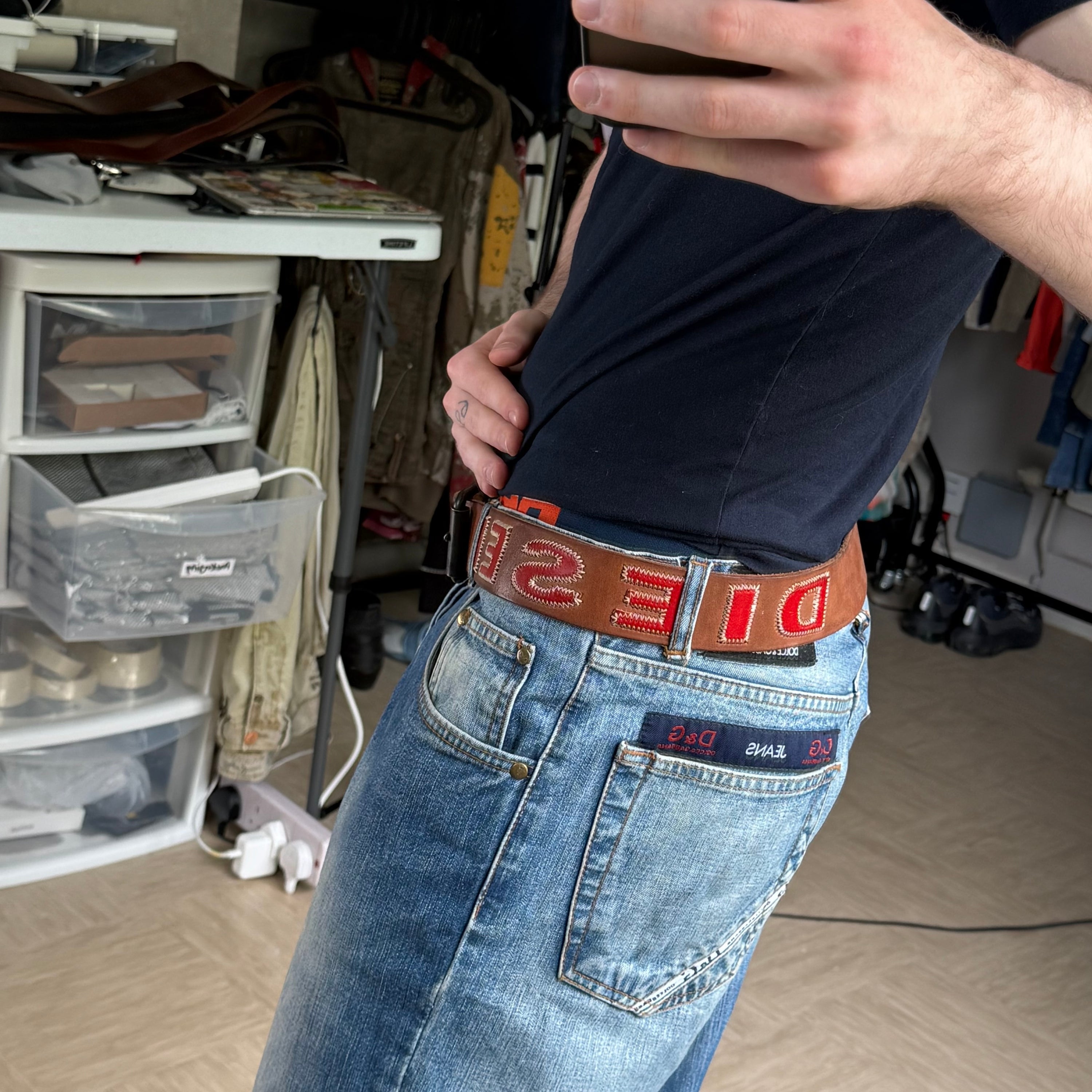 Diesel 2000's brown leather embroidered spellout belt (OS)