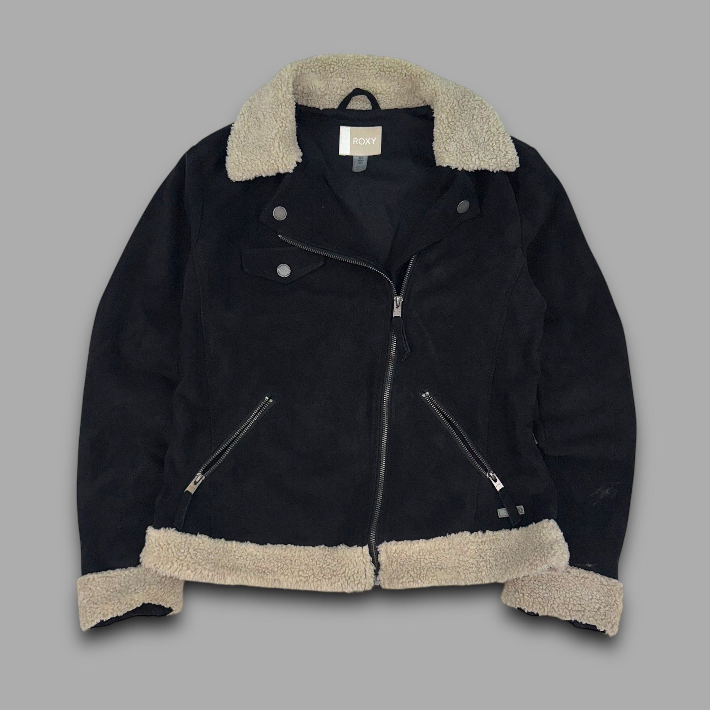 Roxy 2000's asymmetrical zip up faux suede sherpa collar moto jacket (S) wms