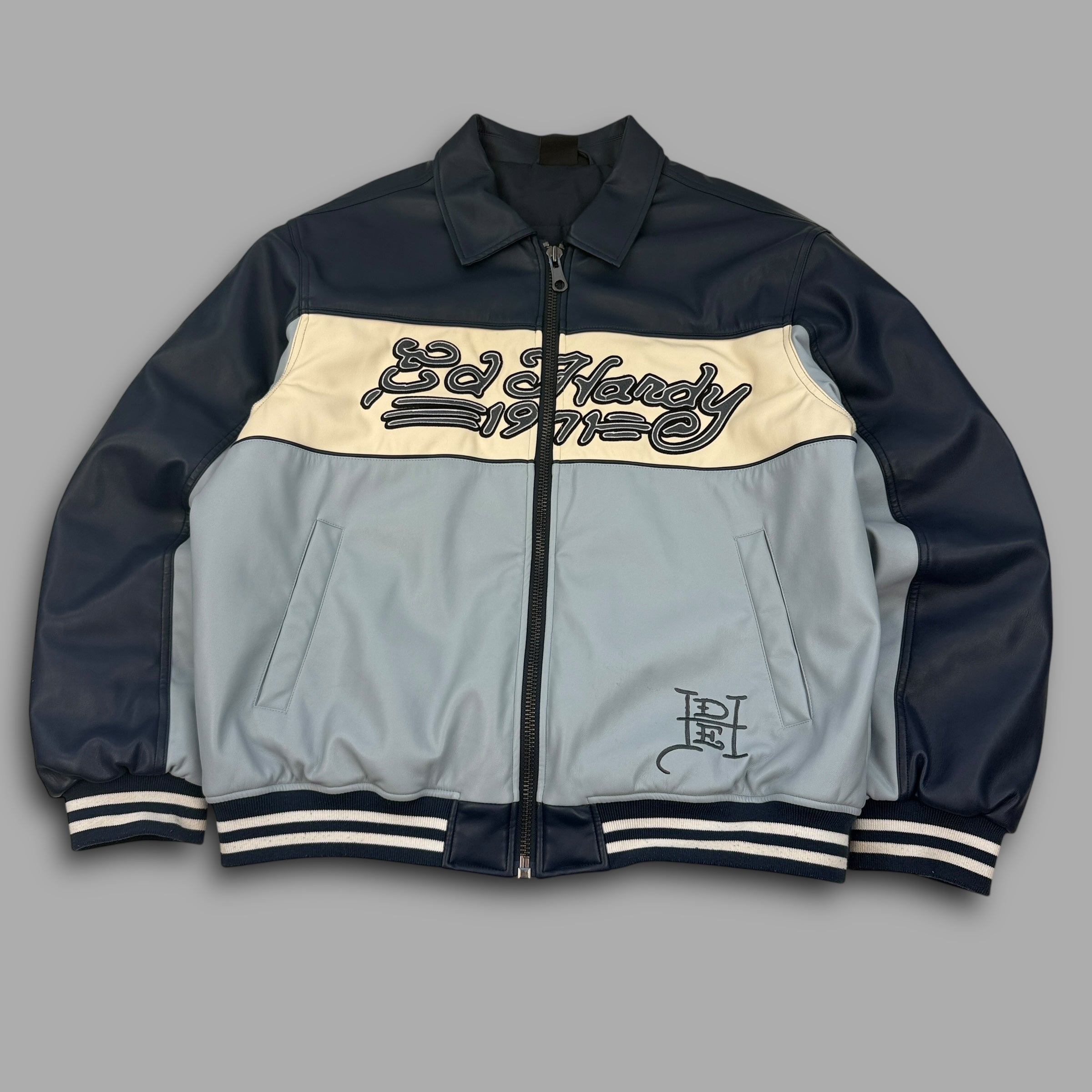 Ed hardy x urban zip up faux leather bomber jacket (XL)