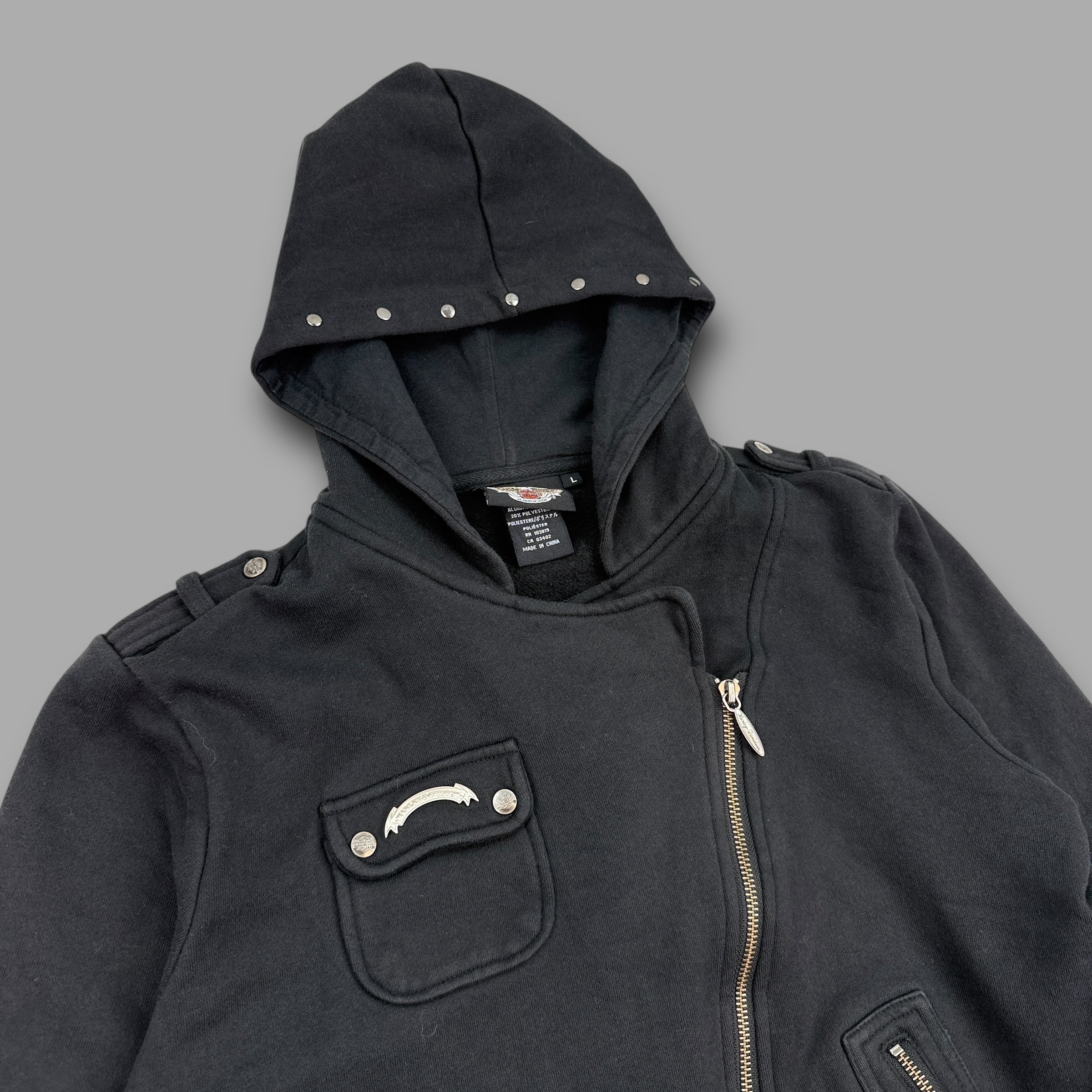 Harley Davidson 2000's technical asymmetrical zip graphic hoodie (L) wms