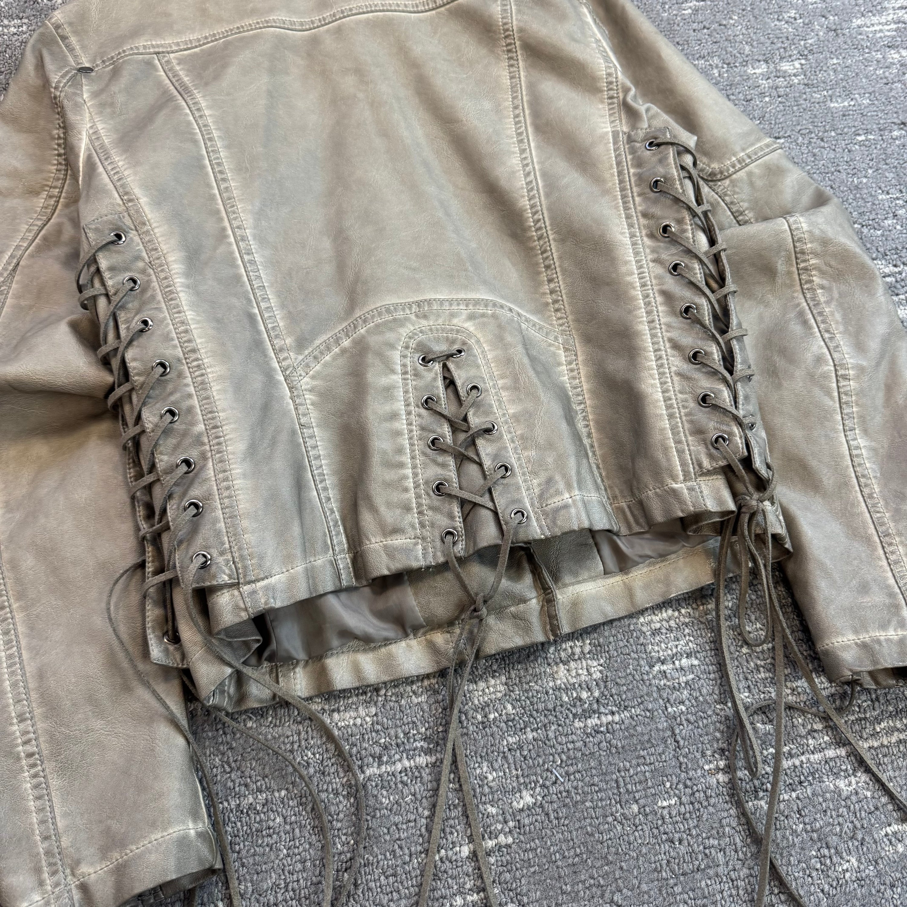 Guess 2000's leather lace up asymmetrical zip biker jacket (M) wms