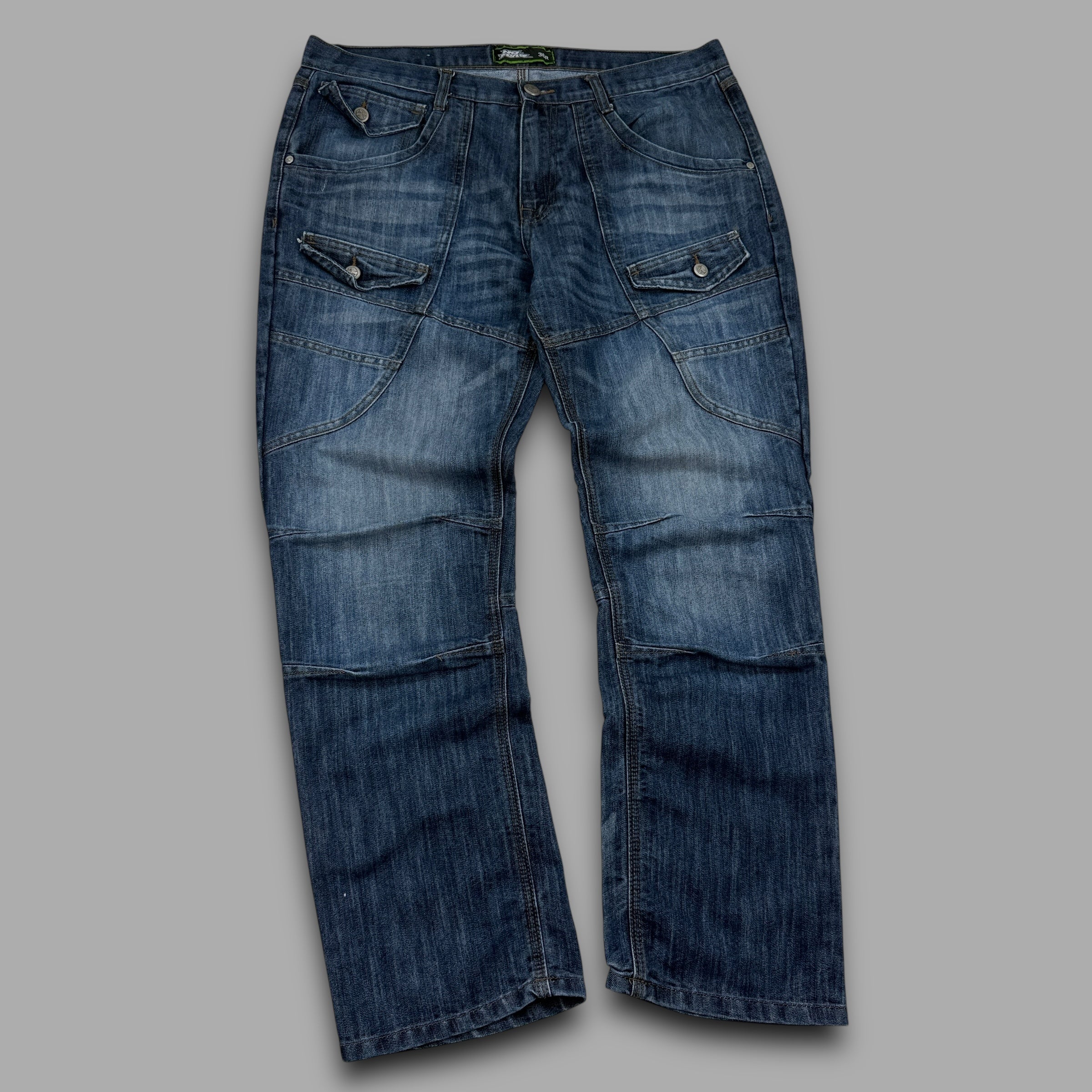 No fear 2000's contrast stitch denim bootcut cargo jeans (L)