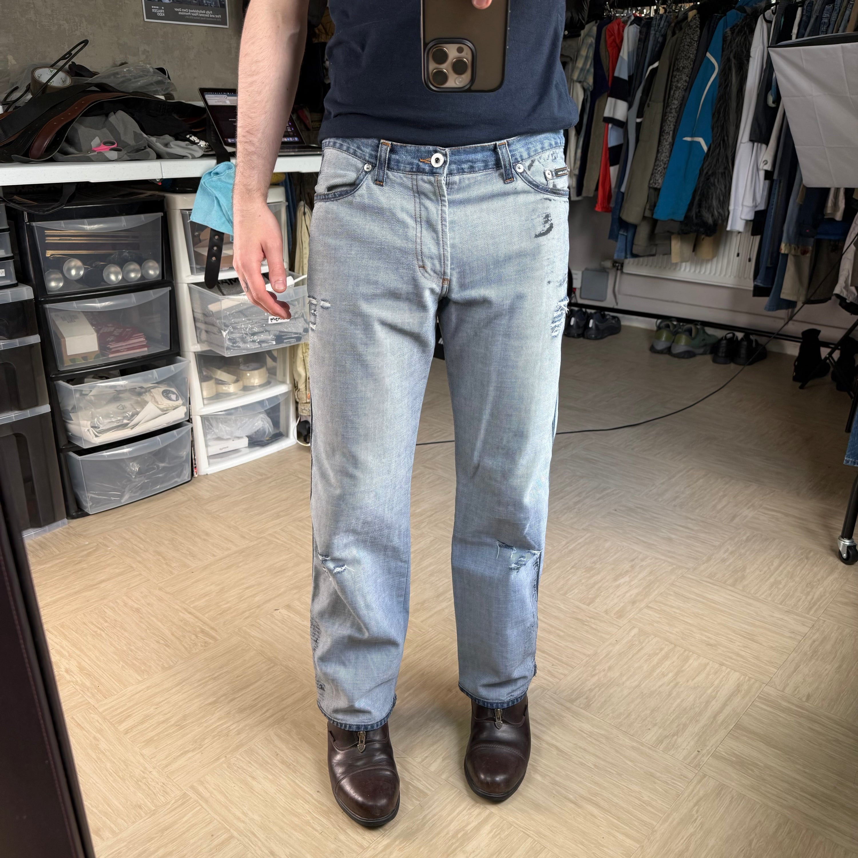 Dolce and gabanna 2002 distressed oil stained ‘inside out' denim jeans (S)