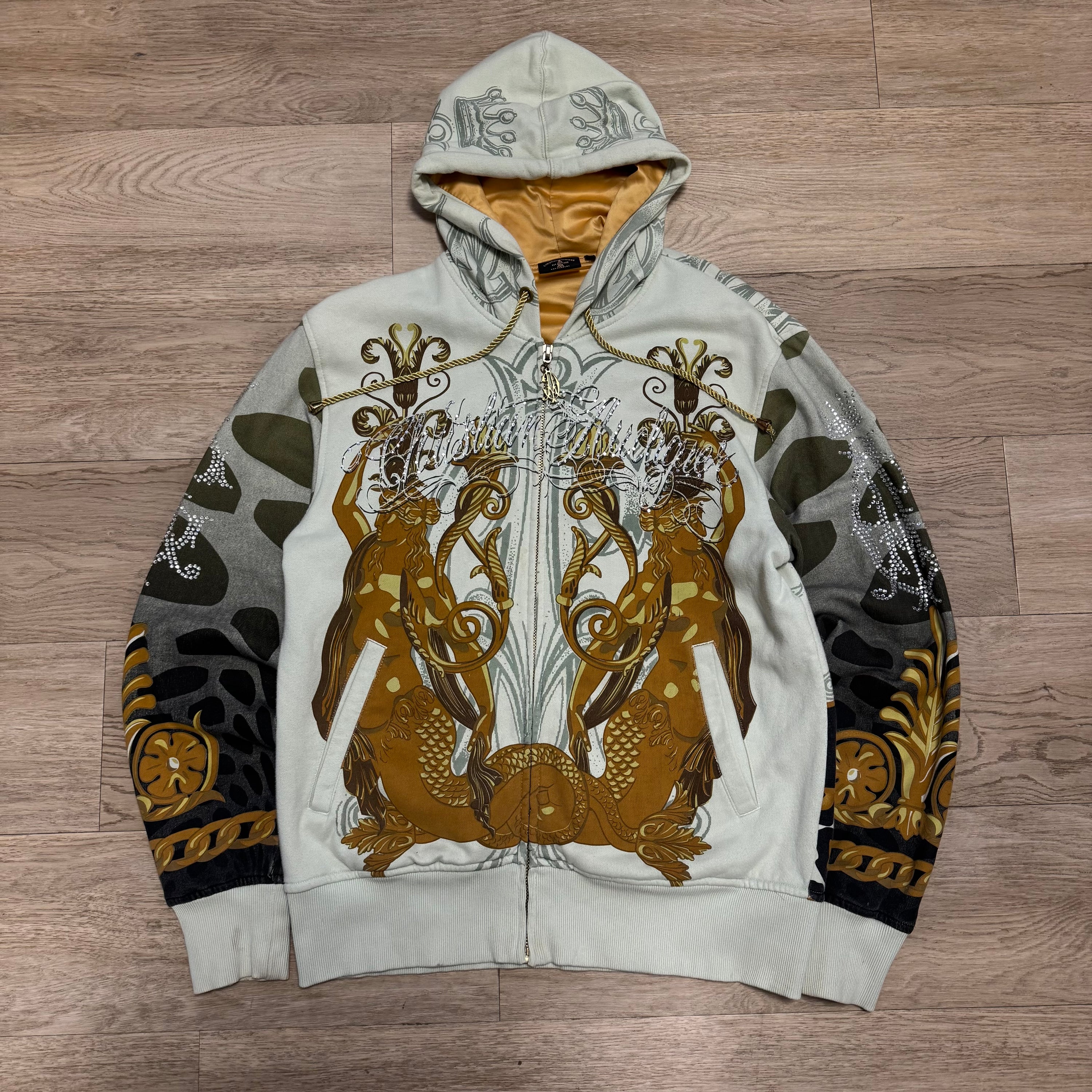 Christian audigier 2000's graphic zip up rhinestone hoodie (L)