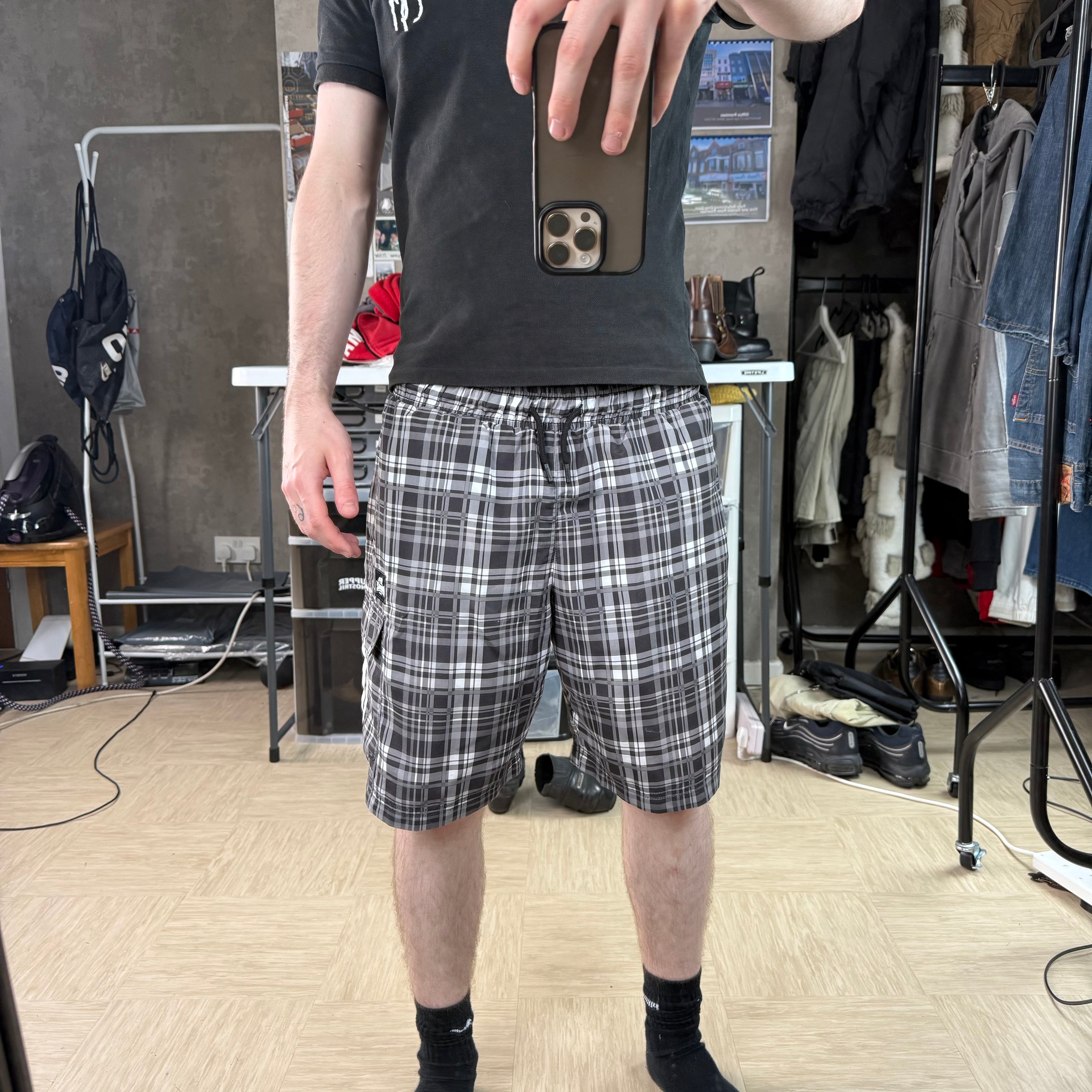 Lonsdale 2000's baggy plaid black swim shorts (M)
