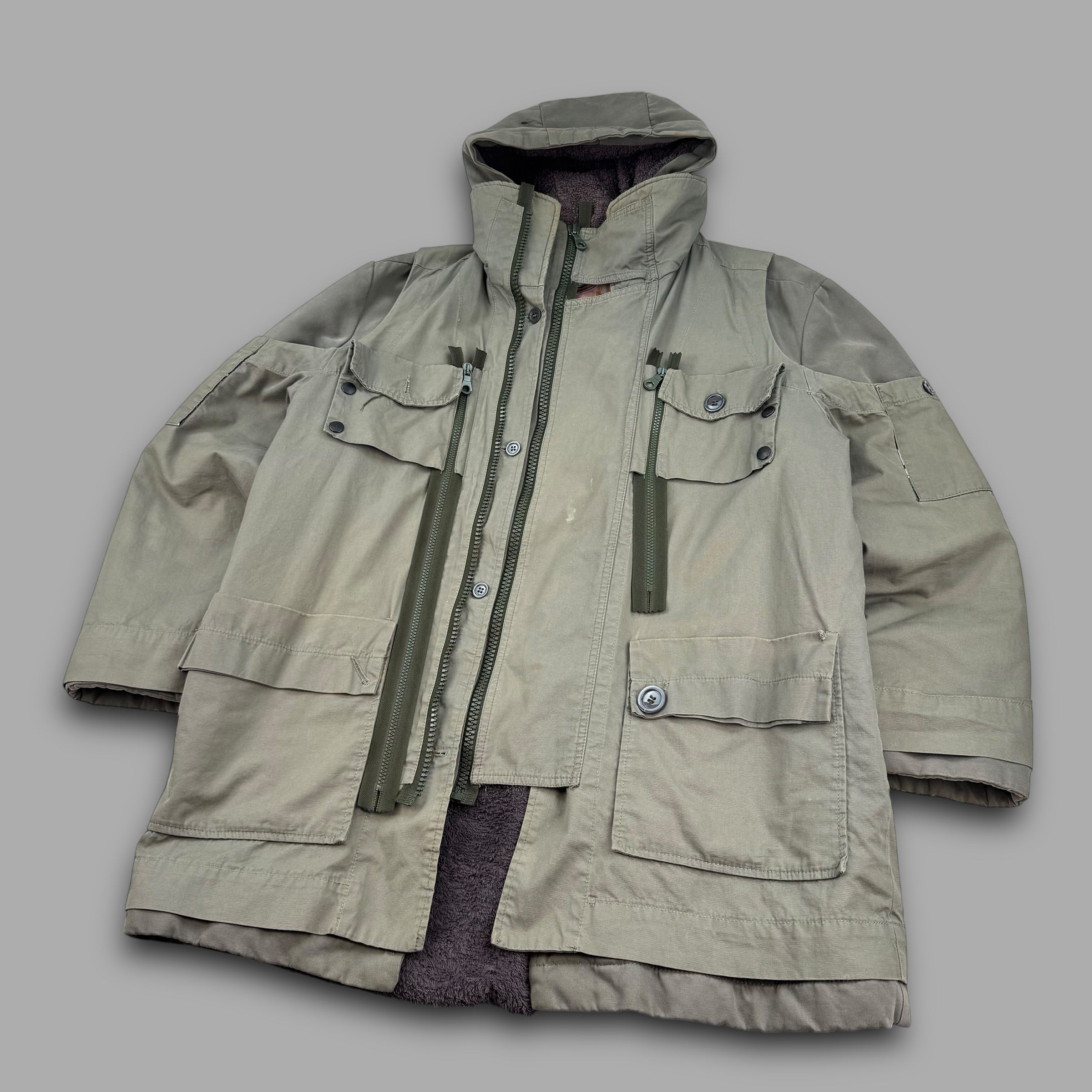Diesel style lab 2000's technical multi-pocket heavyweight fur lined parka jacket (L)