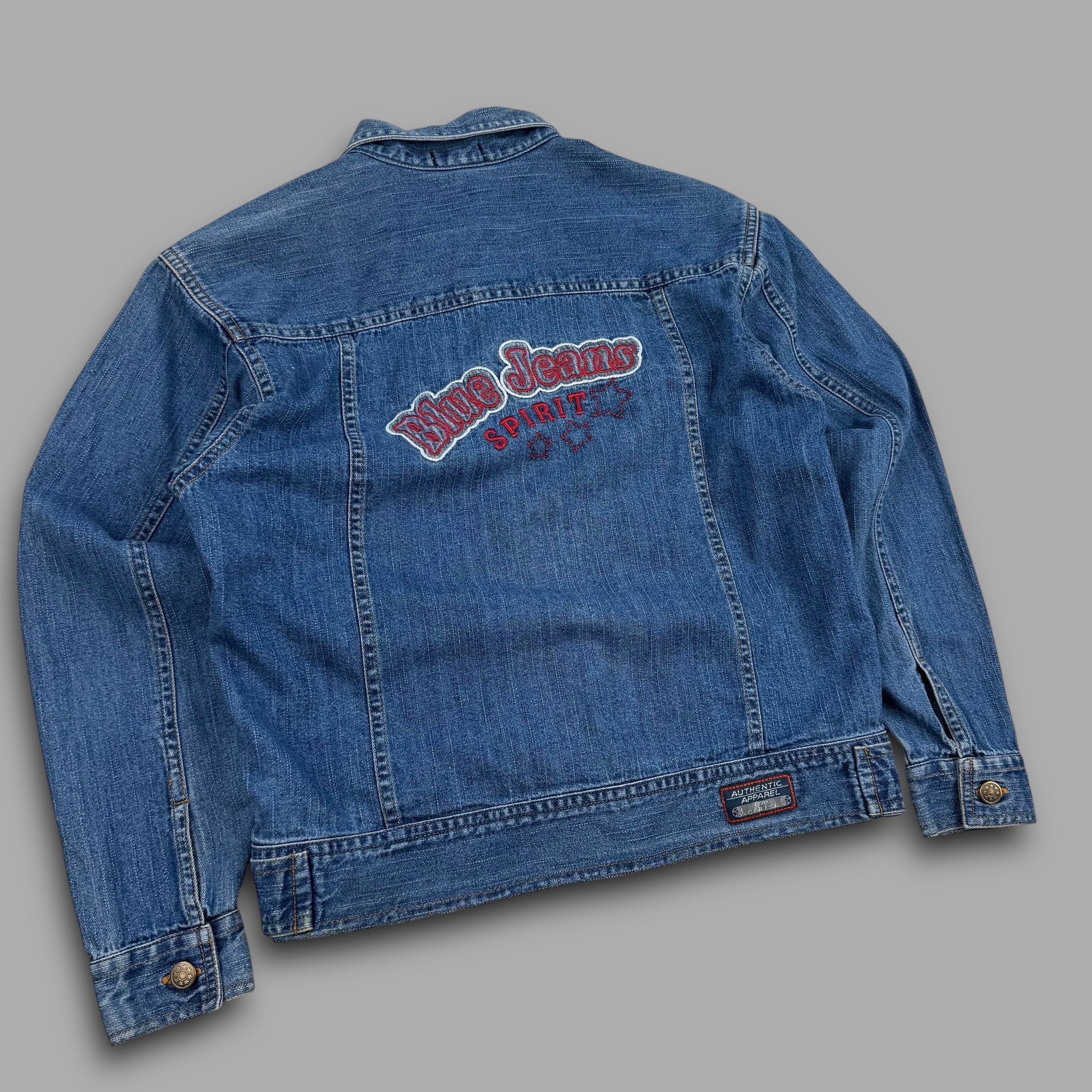 Cerisi Vintage 1980's blue jeans spirit denim shirt jacket with embroidered detailing on the back (S) wms