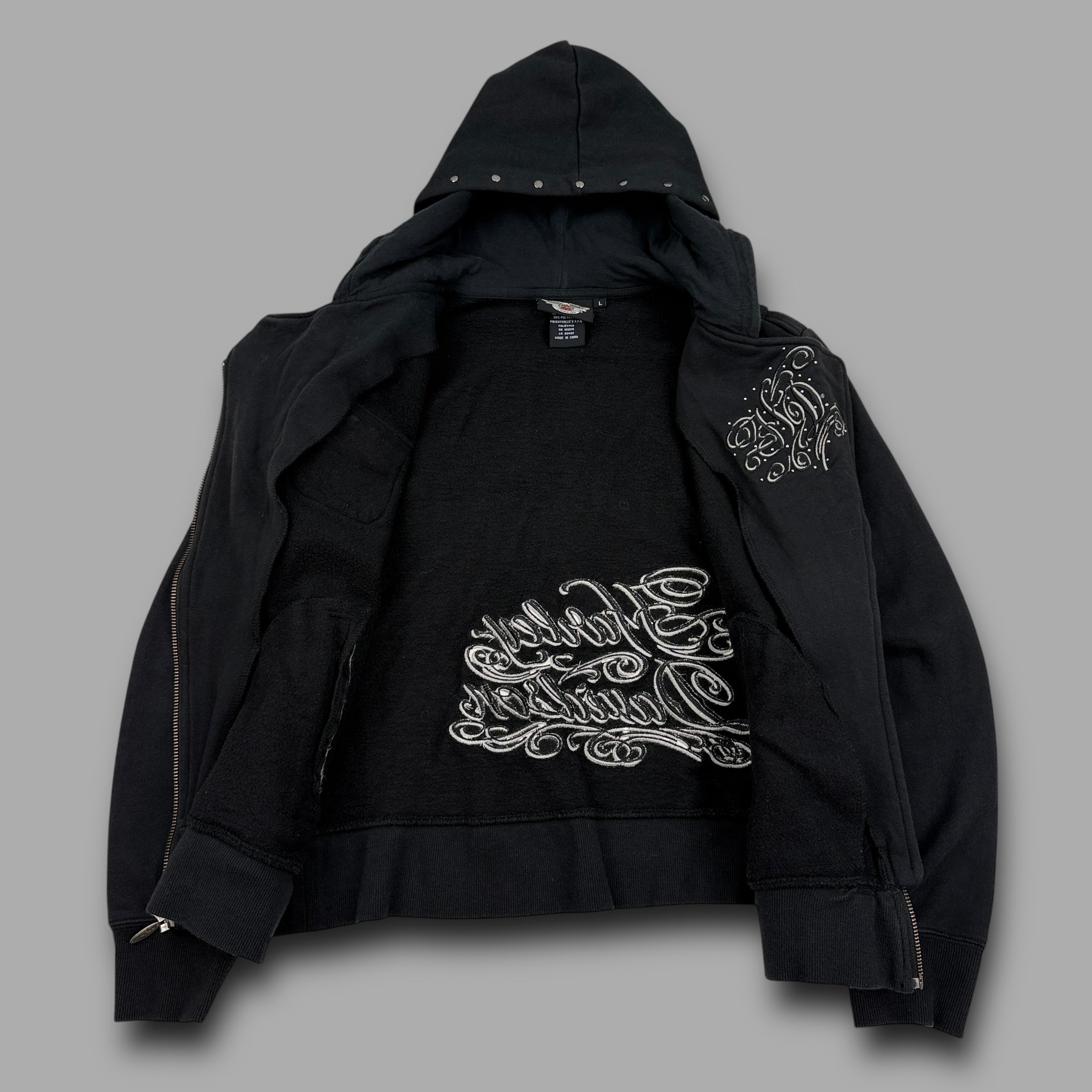 Harley Davidson 2000's technical asymmetrical zip graphic hoodie (L) wms