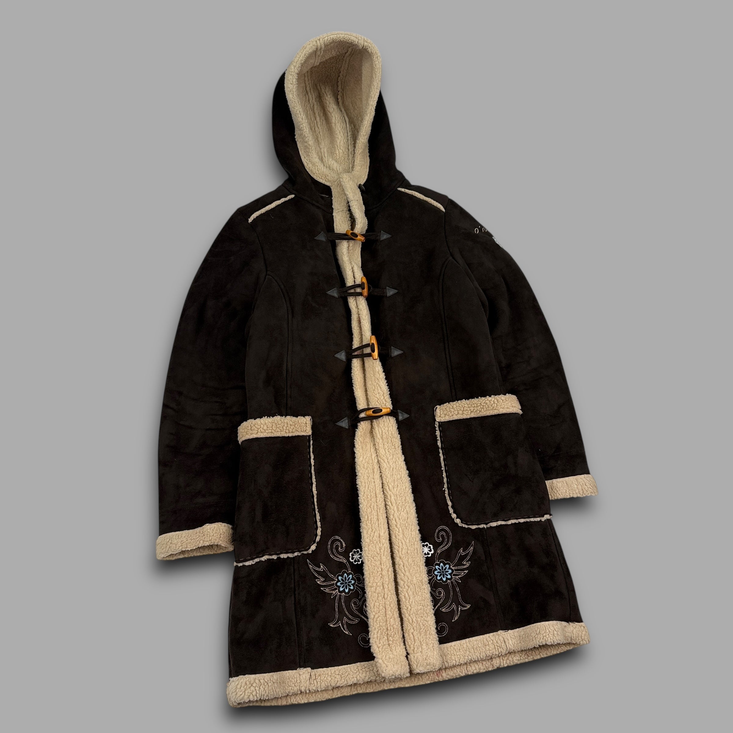 O'Neill 2000's suede, fleece-lined, hooded duffle coat with embroidery near the pockets (S) wms