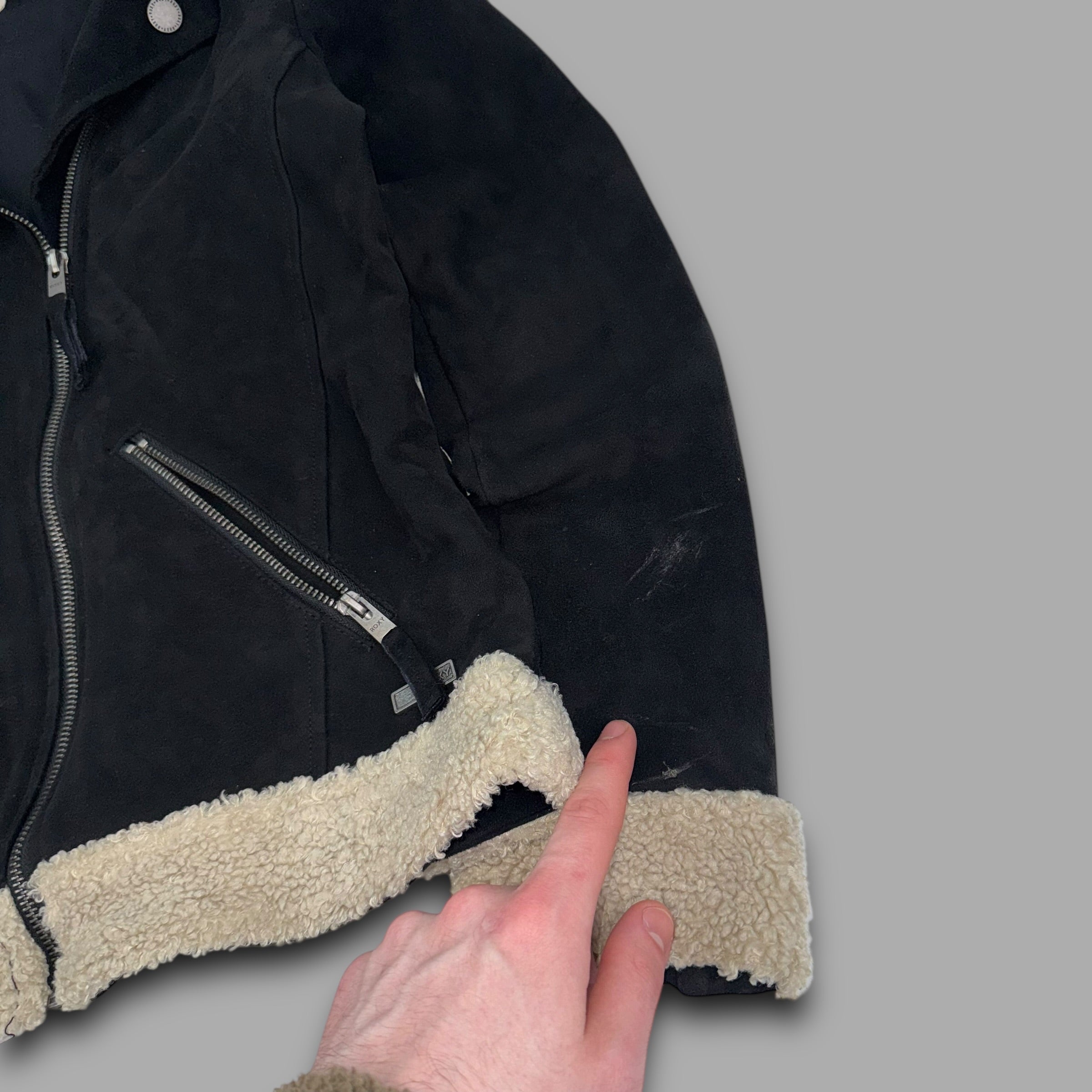 Roxy 2000's asymmetrical zip up faux suede sherpa collar moto jacket (S) wms