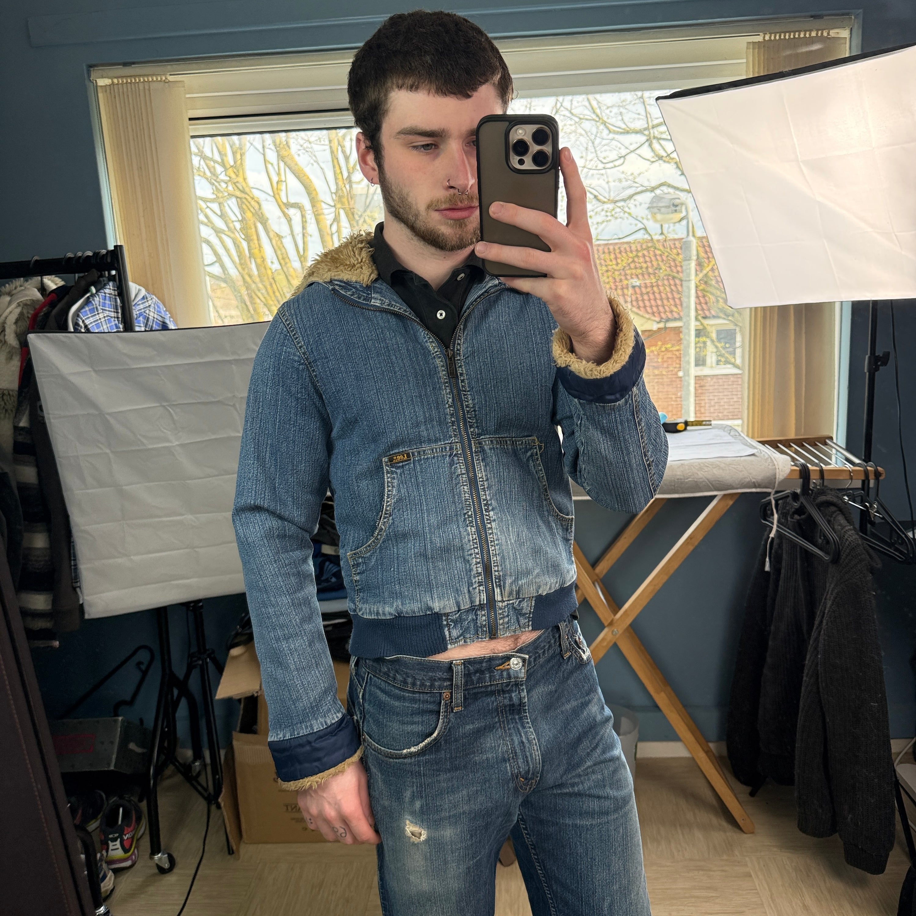 Lee 2000's split fur hood cropped denim jacket (XS)