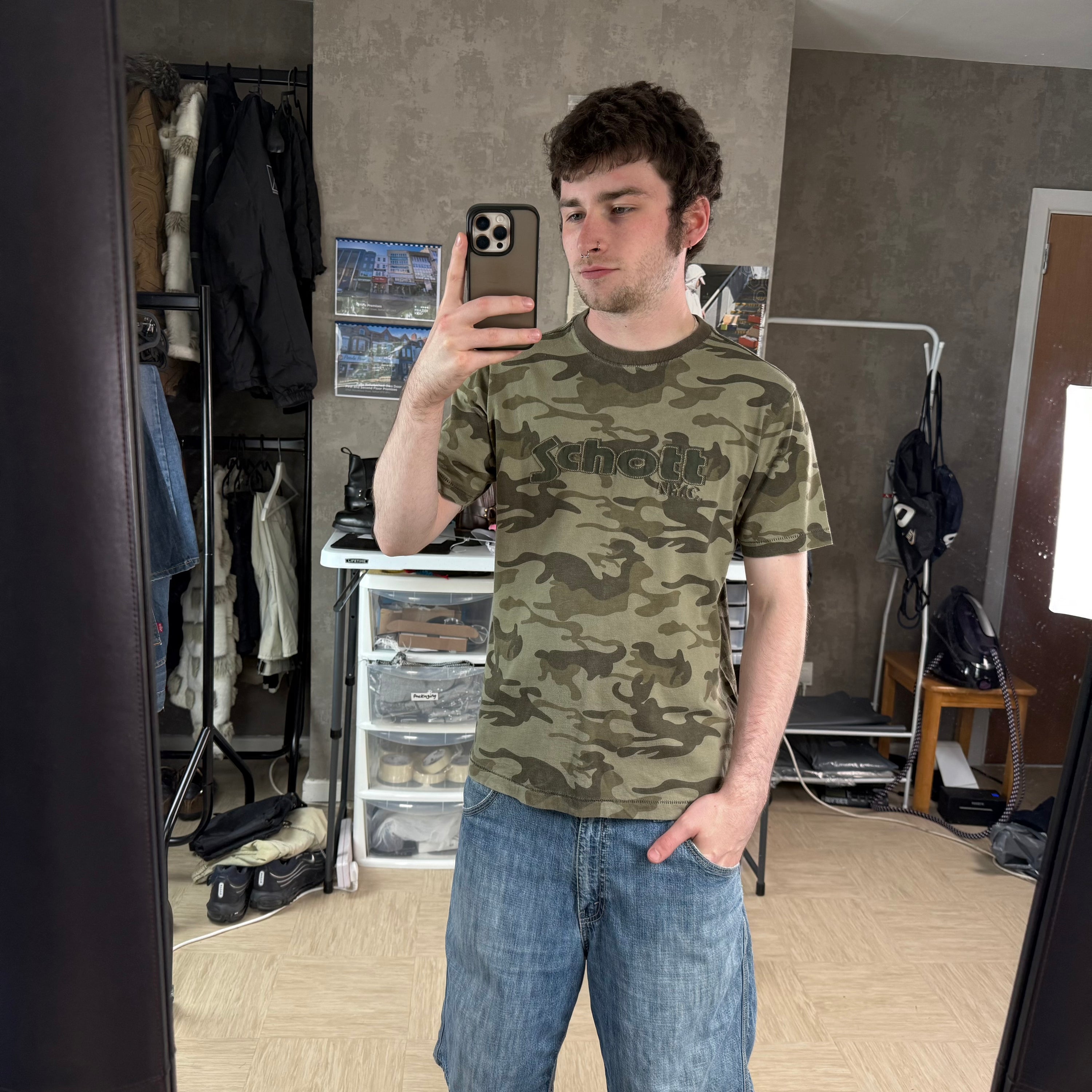Schott NYC 2000's graphic embroidered camo tee (M)