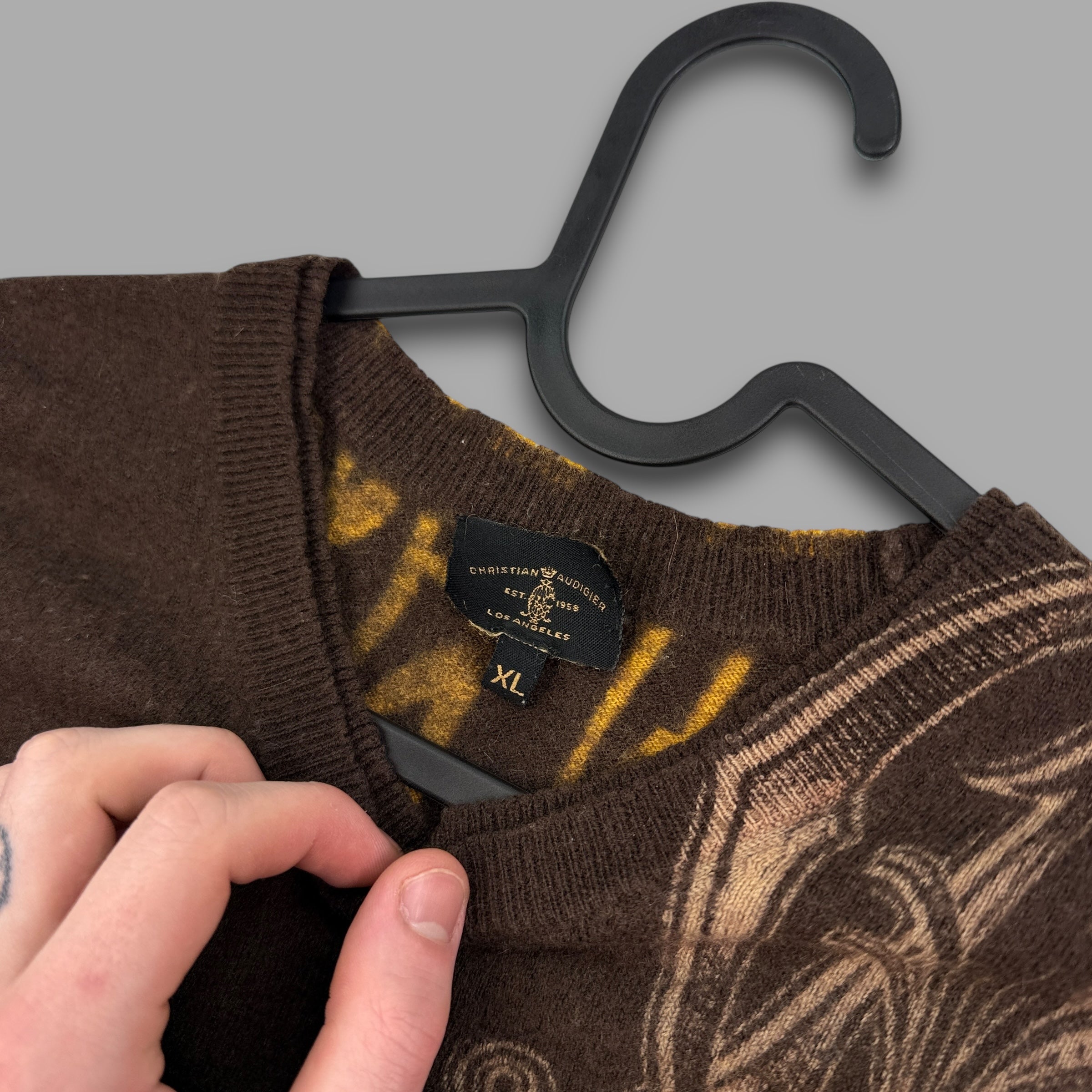 Christian audigier 2000's graphic rhinestone pullover wool knit sweatshirt (XL) wms