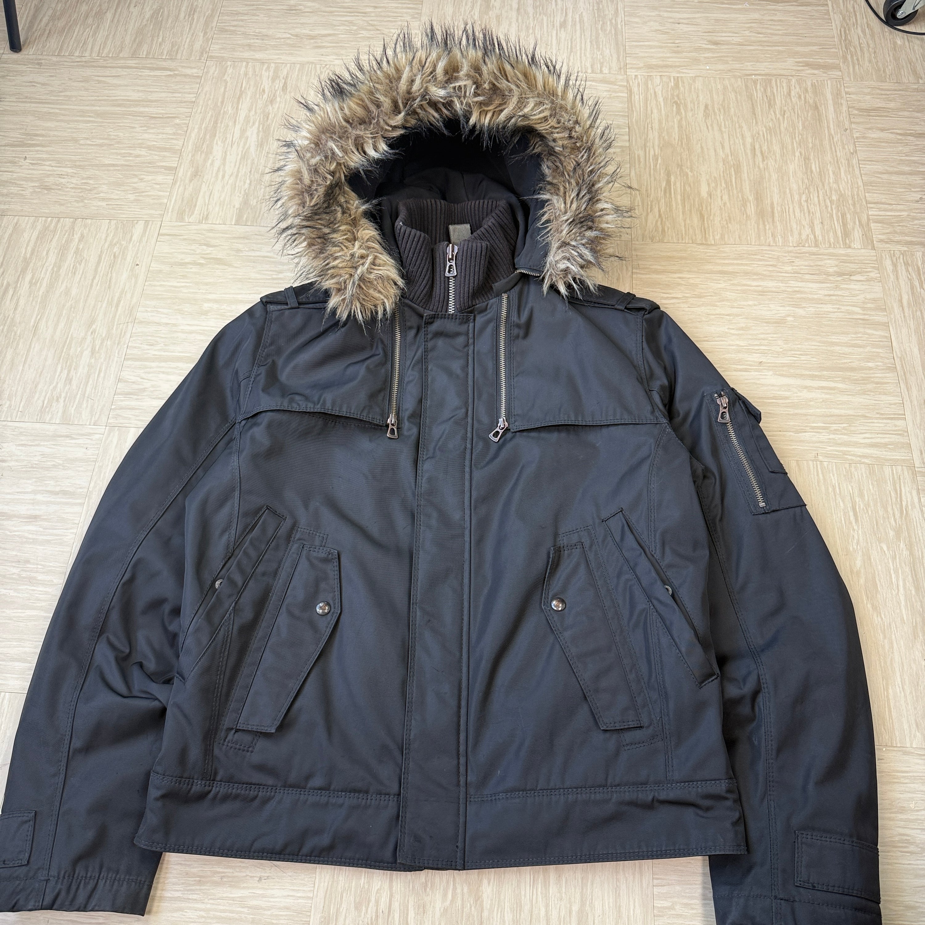 Hugo boss 2000's orange tab technical thermor nylon bomber jacket with fur hood (L)
