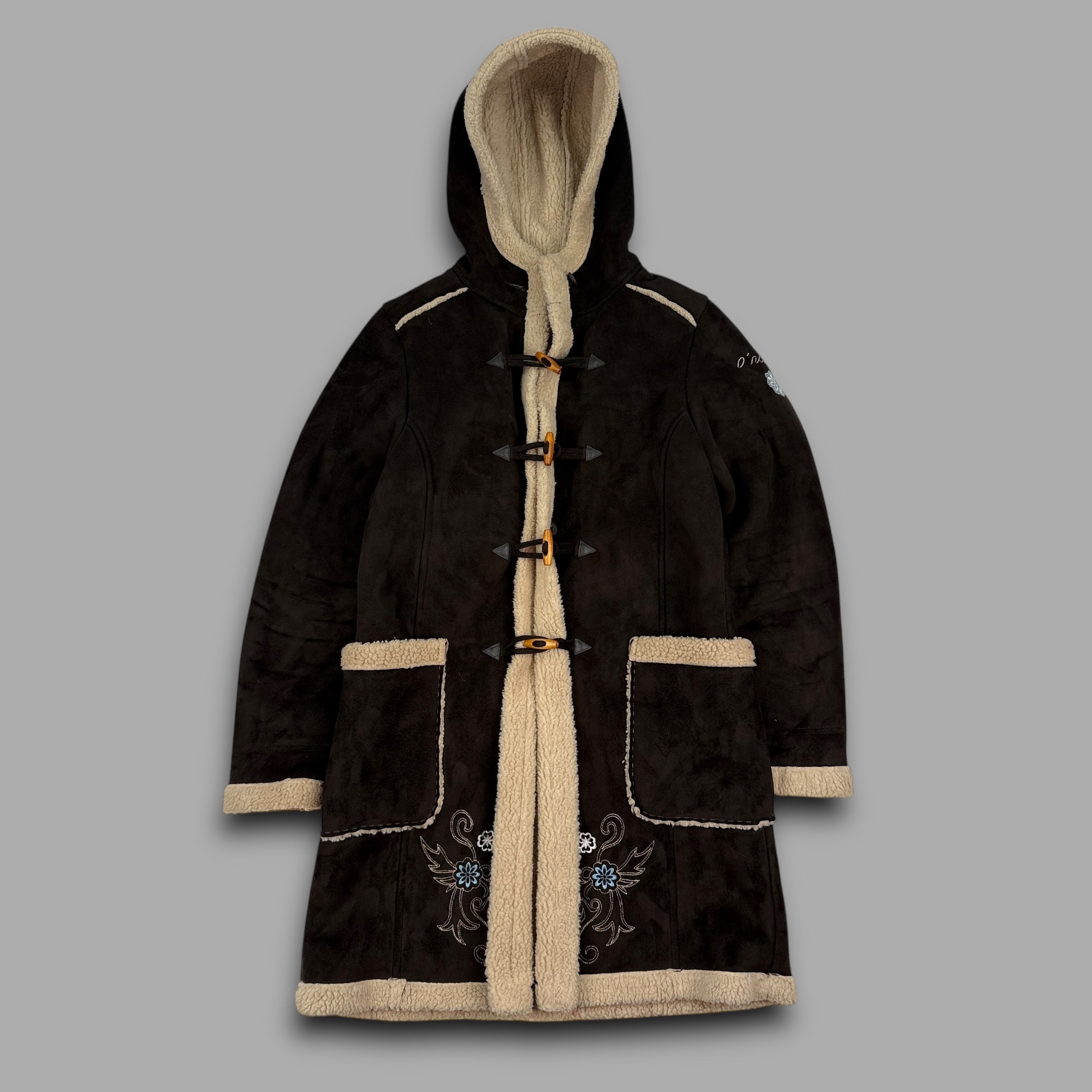 O'Neill 2000's suede, fleece-lined, hooded duffle coat with embroidery near the pockets (S) wms