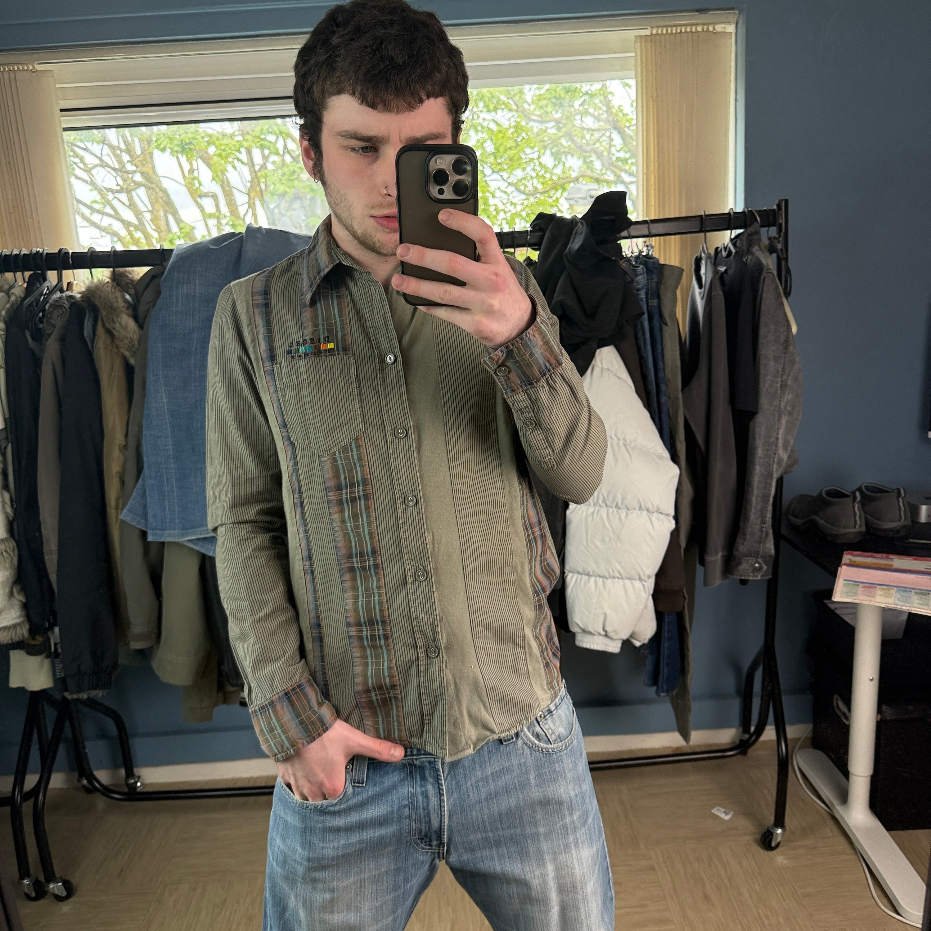 Diesel 2000's panelled plaid button up shirt (S)