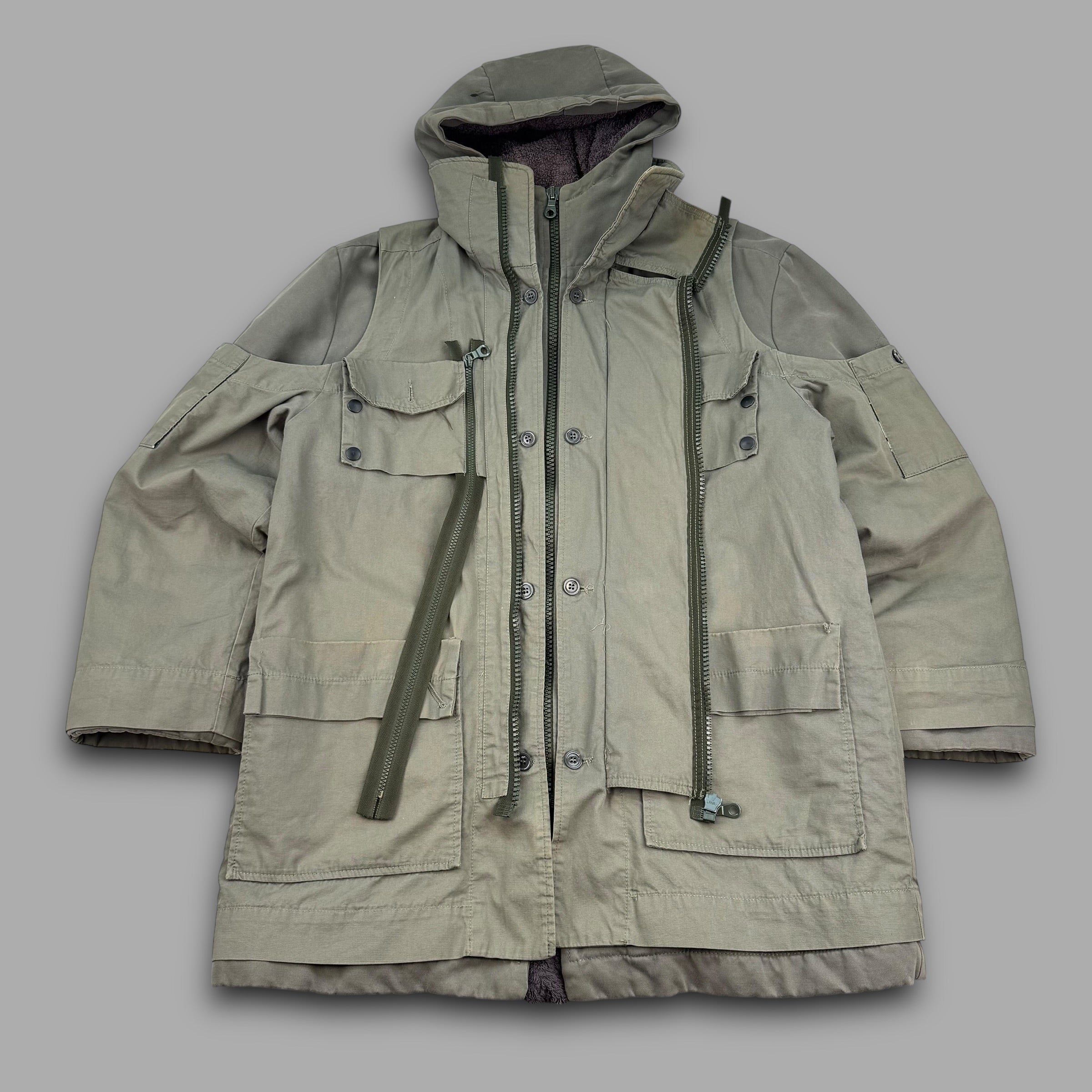 Diesel style lab 2000's technical multi-pocket heavyweight fur lined parka jacket (L)