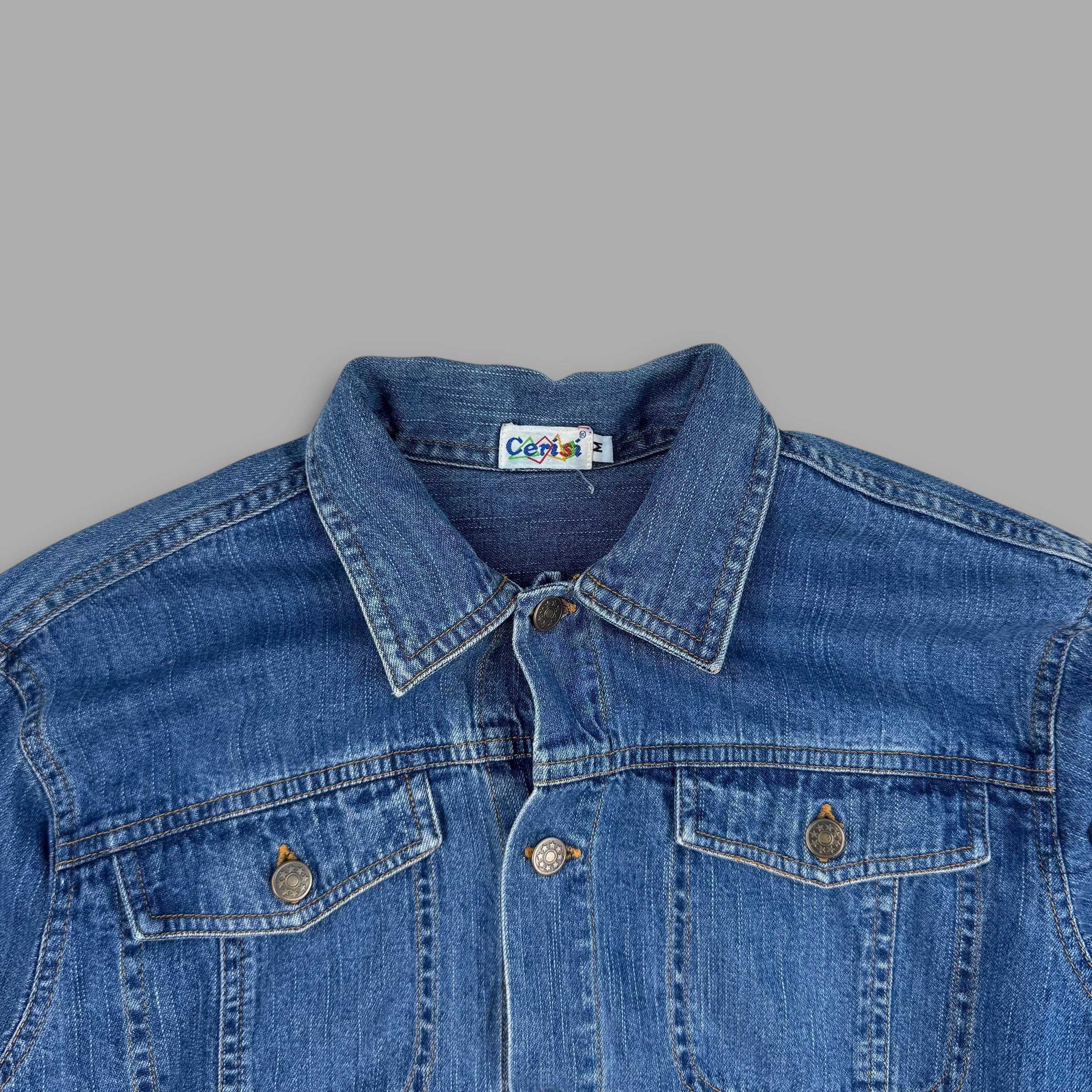 Cerisi Vintage 1980's blue jeans spirit denim shirt jacket with embroidered detailing on the back (S) wms