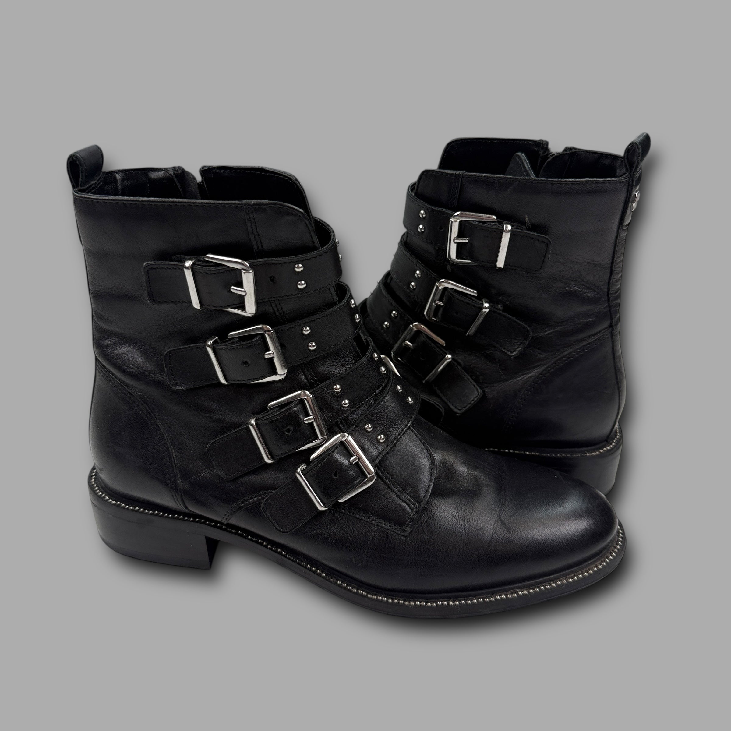 Carvela strap black leather studded buckle ankle boots (UK7)