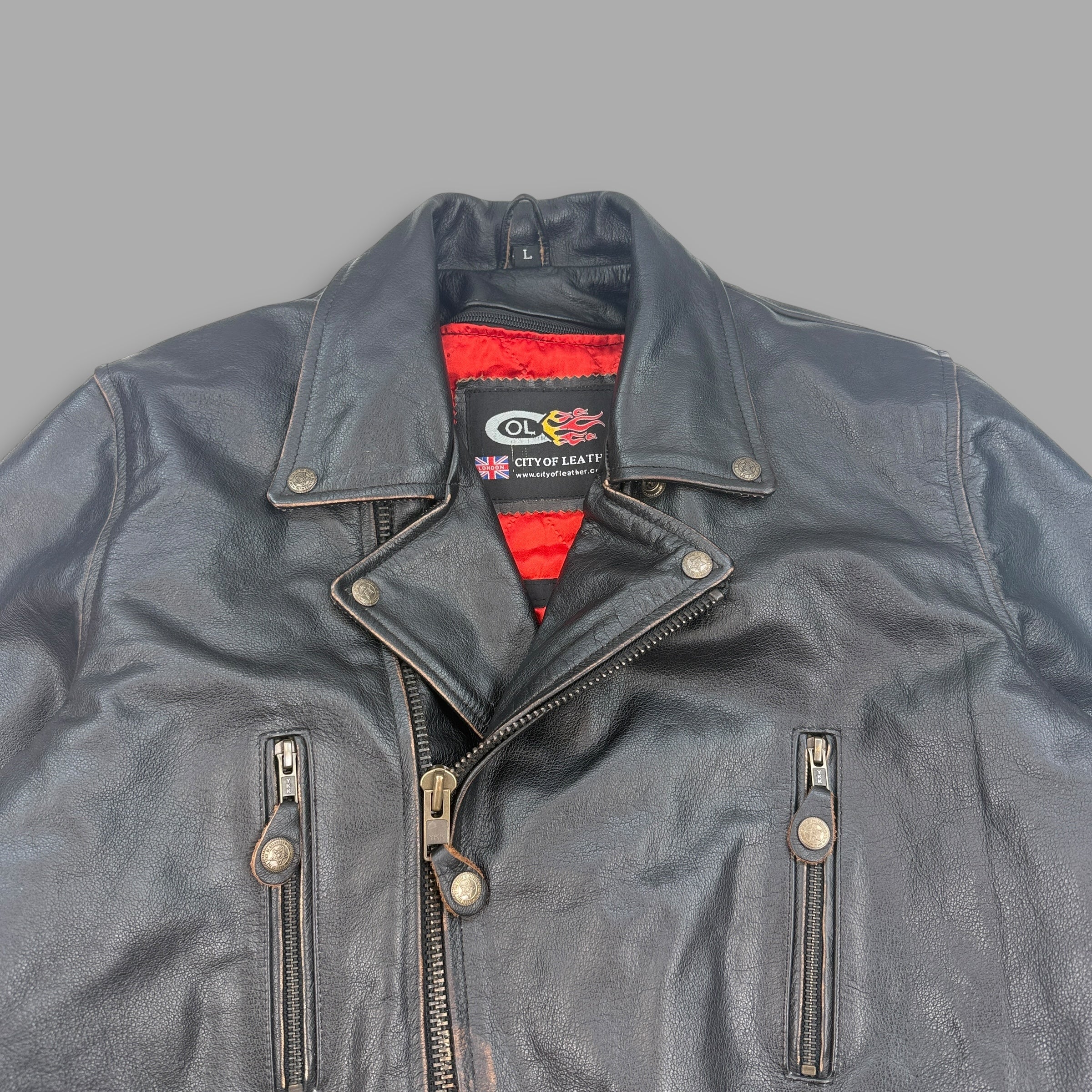 City of leather 'straight to hell' style leather biker jacket (L)