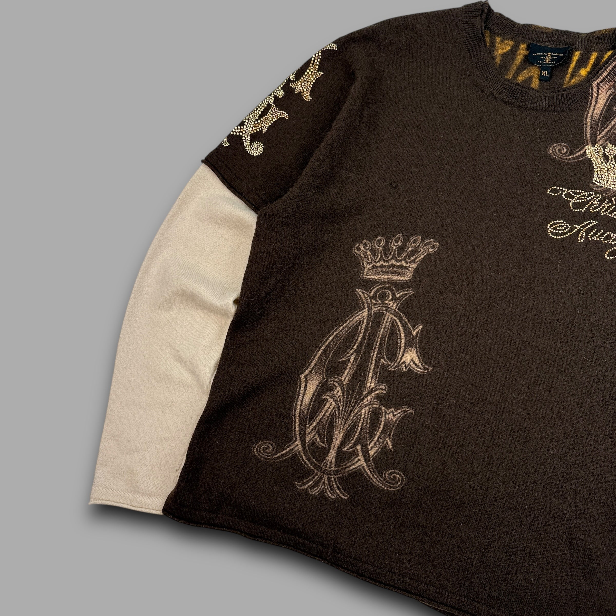 Christian audigier 2000's graphic rhinestone pullover wool knit sweatshirt (XL) wms