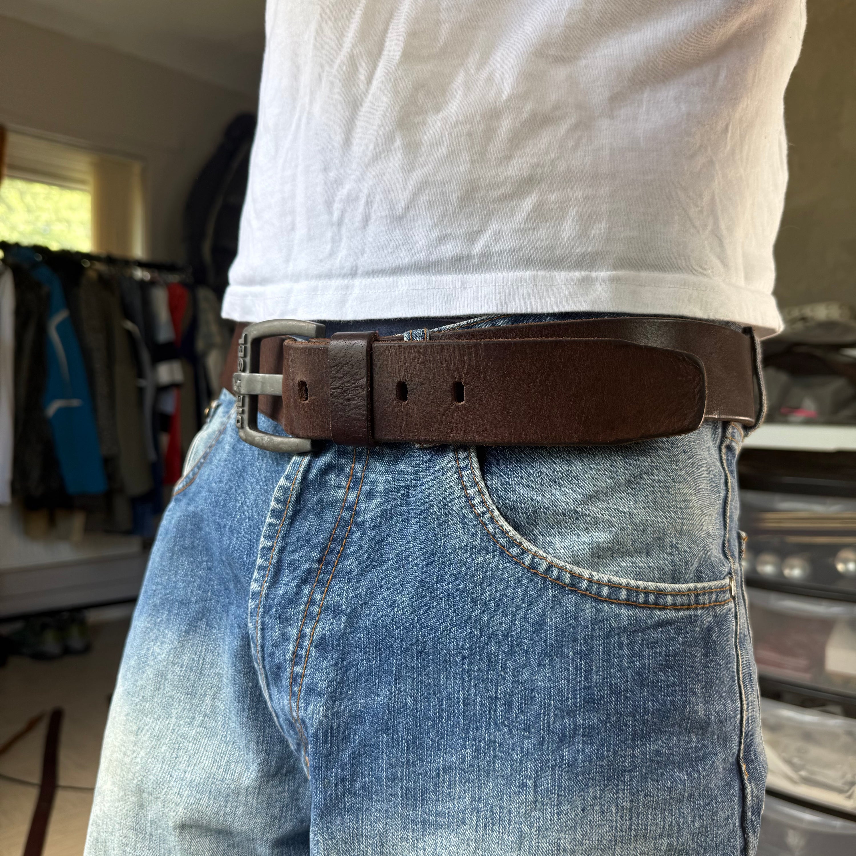 Diesel 2000's big spellout buckle wide leather belt (OS)