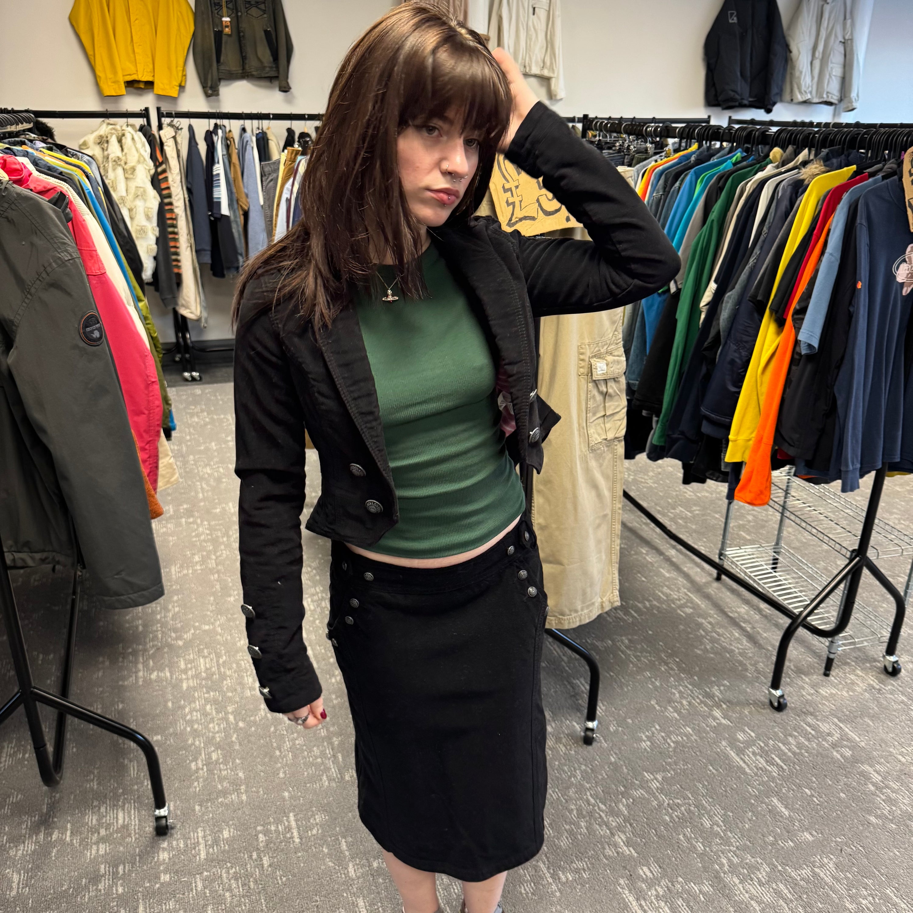Pepe Jeans 2000's pocketed velvety midi skirt with metalic embroidery (L) wms