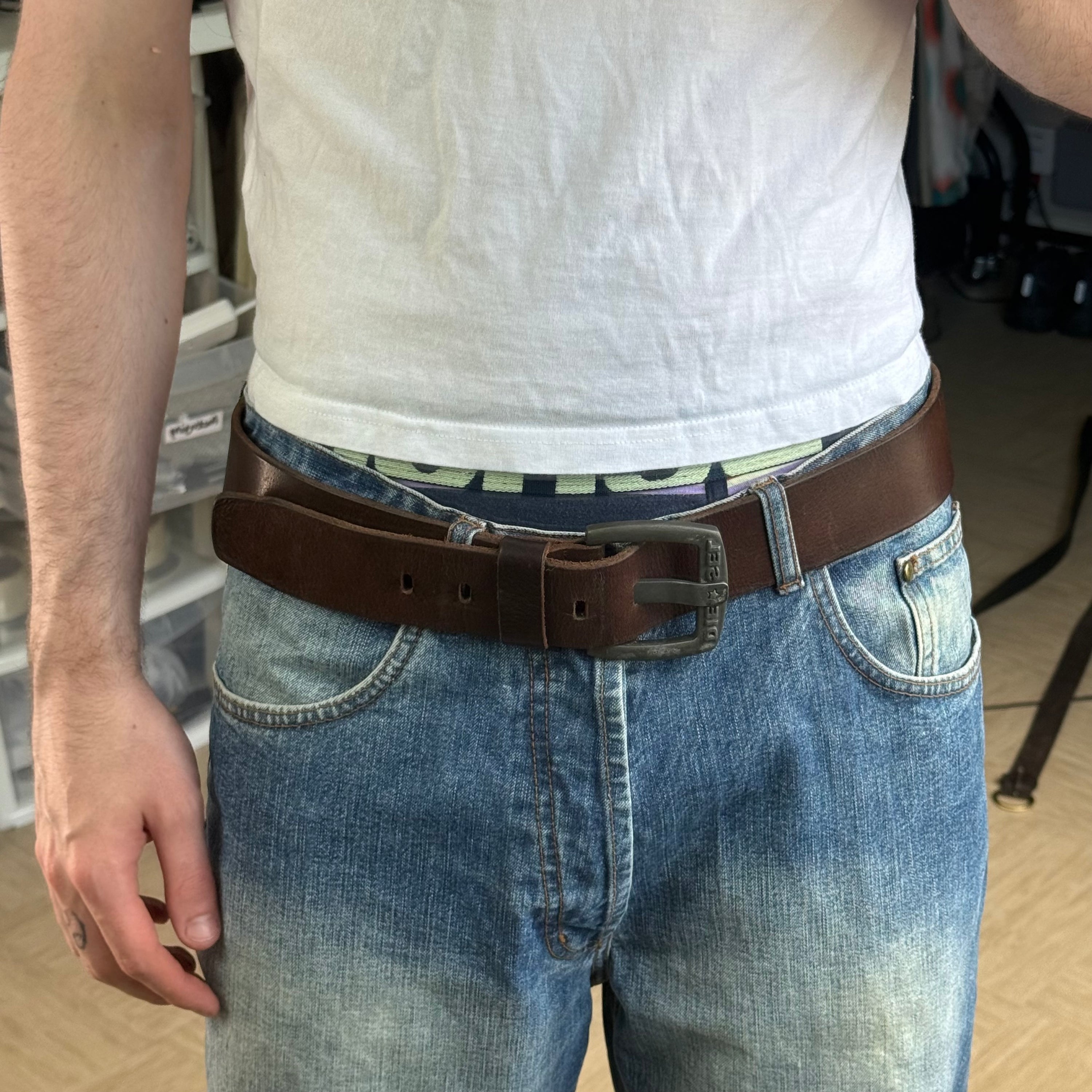 Diesel 2000's big spellout buckle wide leather belt (OS)