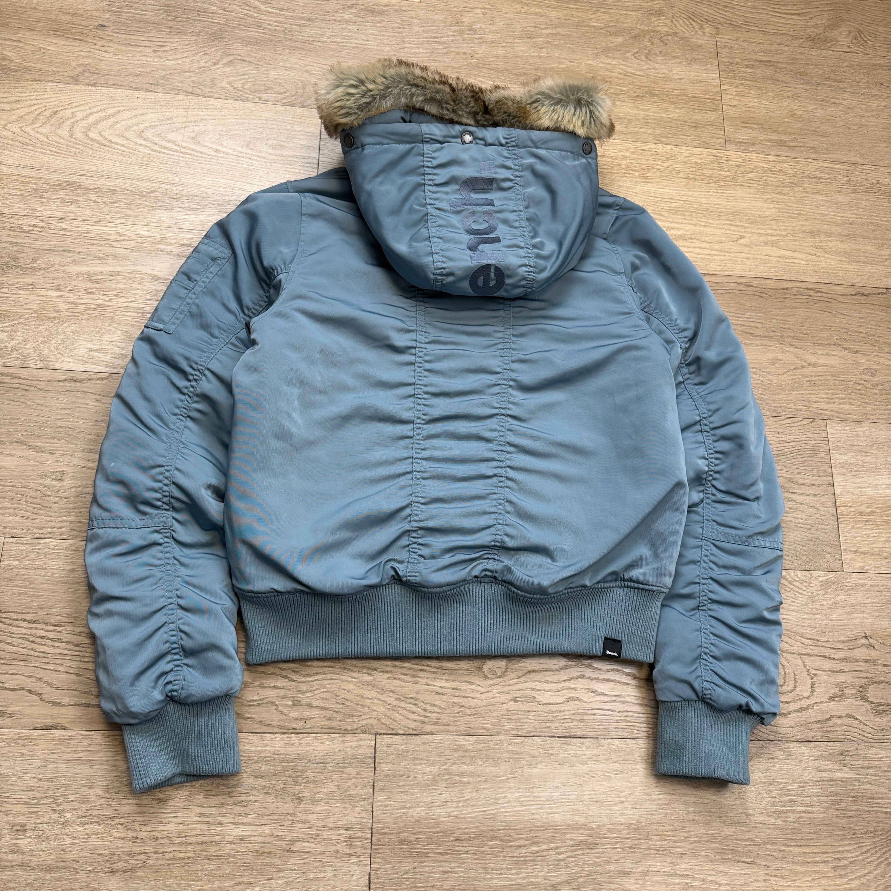 Bench 2000's asymmetrical zip fur hooded bomber jacket (L) wms