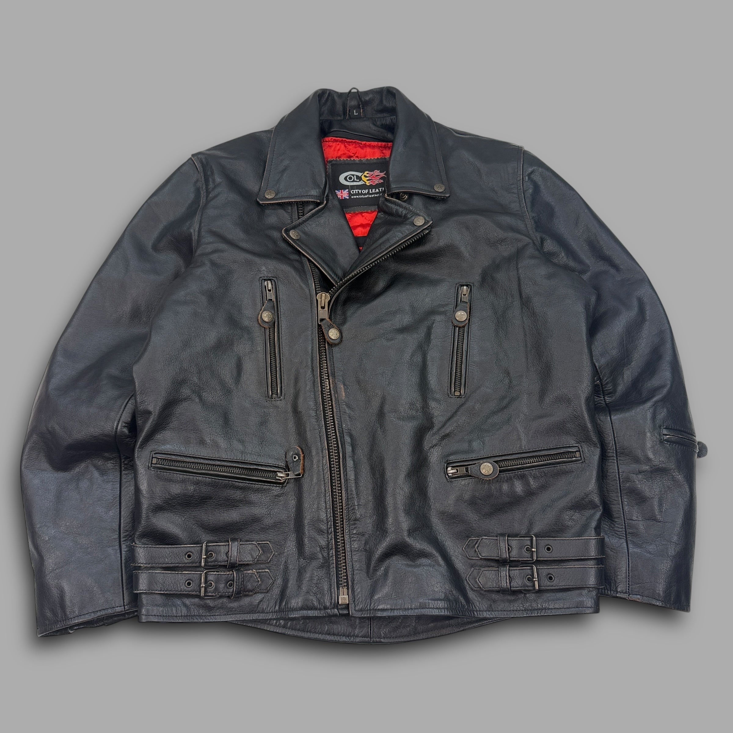 City of leather 'straight to hell' style leather biker jacket (L)