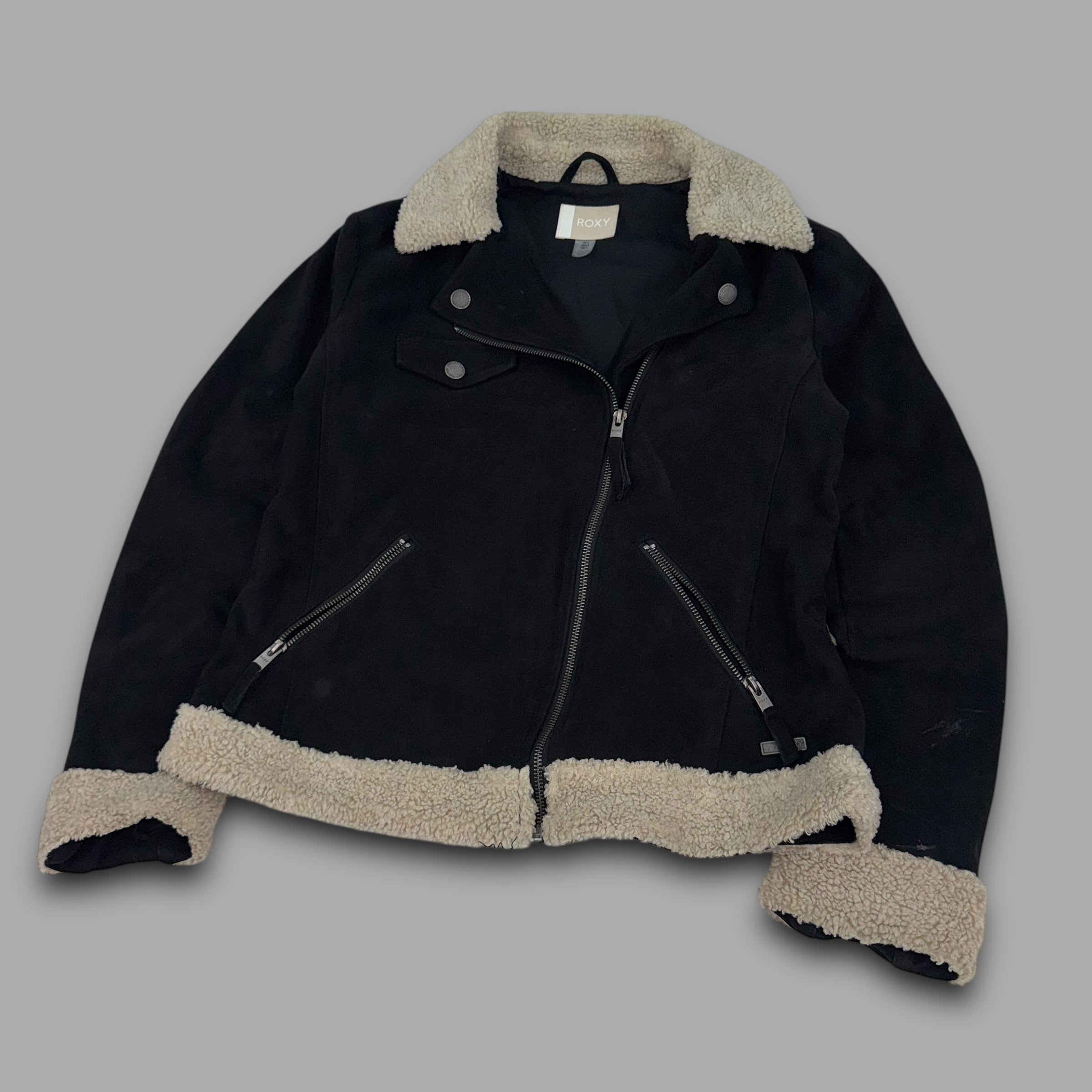 Roxy 2000's asymmetrical zip up faux suede sherpa collar moto jacket (S) wms