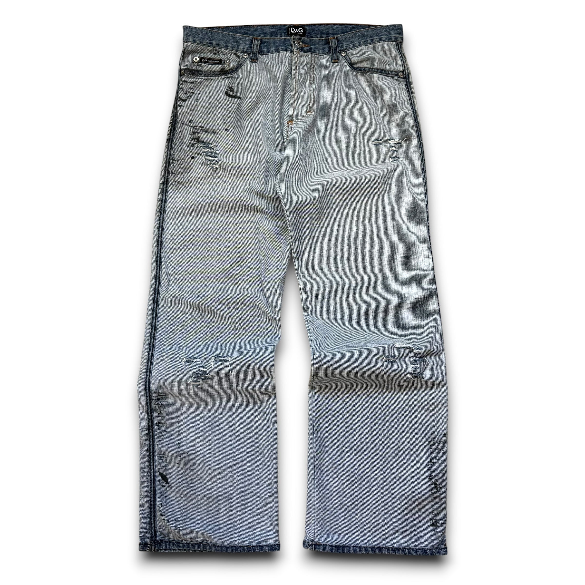 Dolce and gabanna 2002 distressed oil stained ‘inside out' denim jeans (S)
