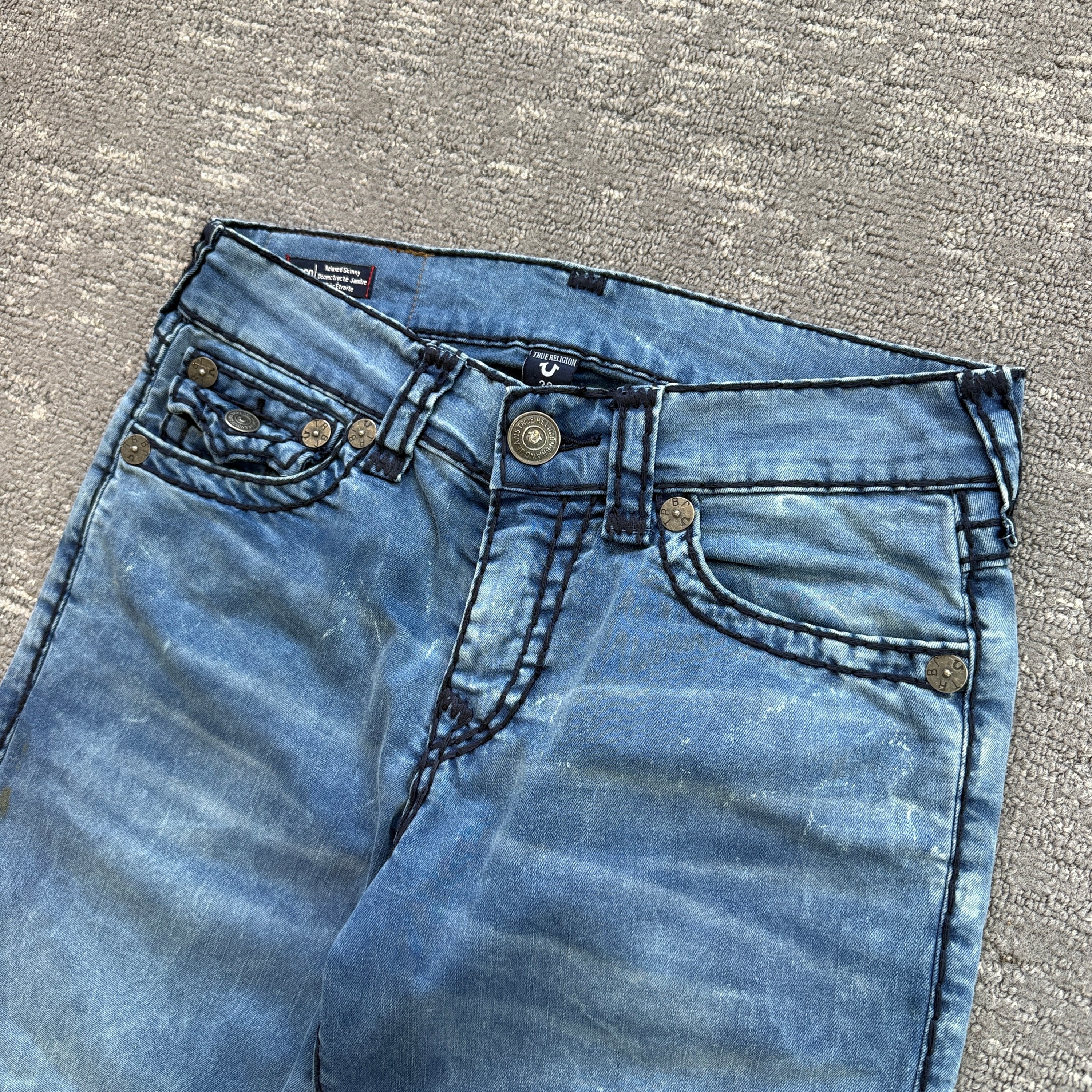 True religion 2000's rocco relaxed skinny contrast stitch washed denim jeans (S)