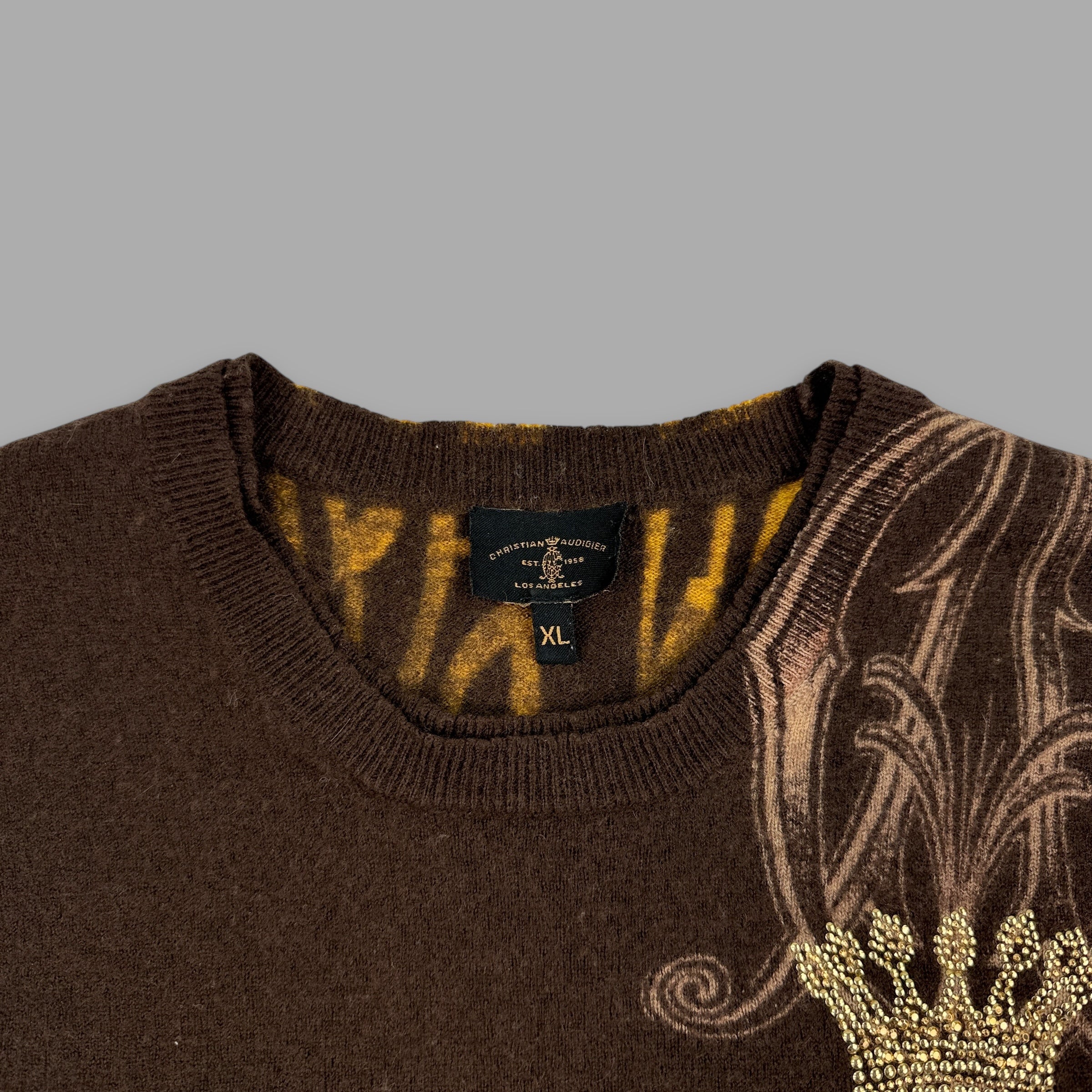 Christian audigier 2000's graphic rhinestone pullover wool knit sweatshirt (XL) wms