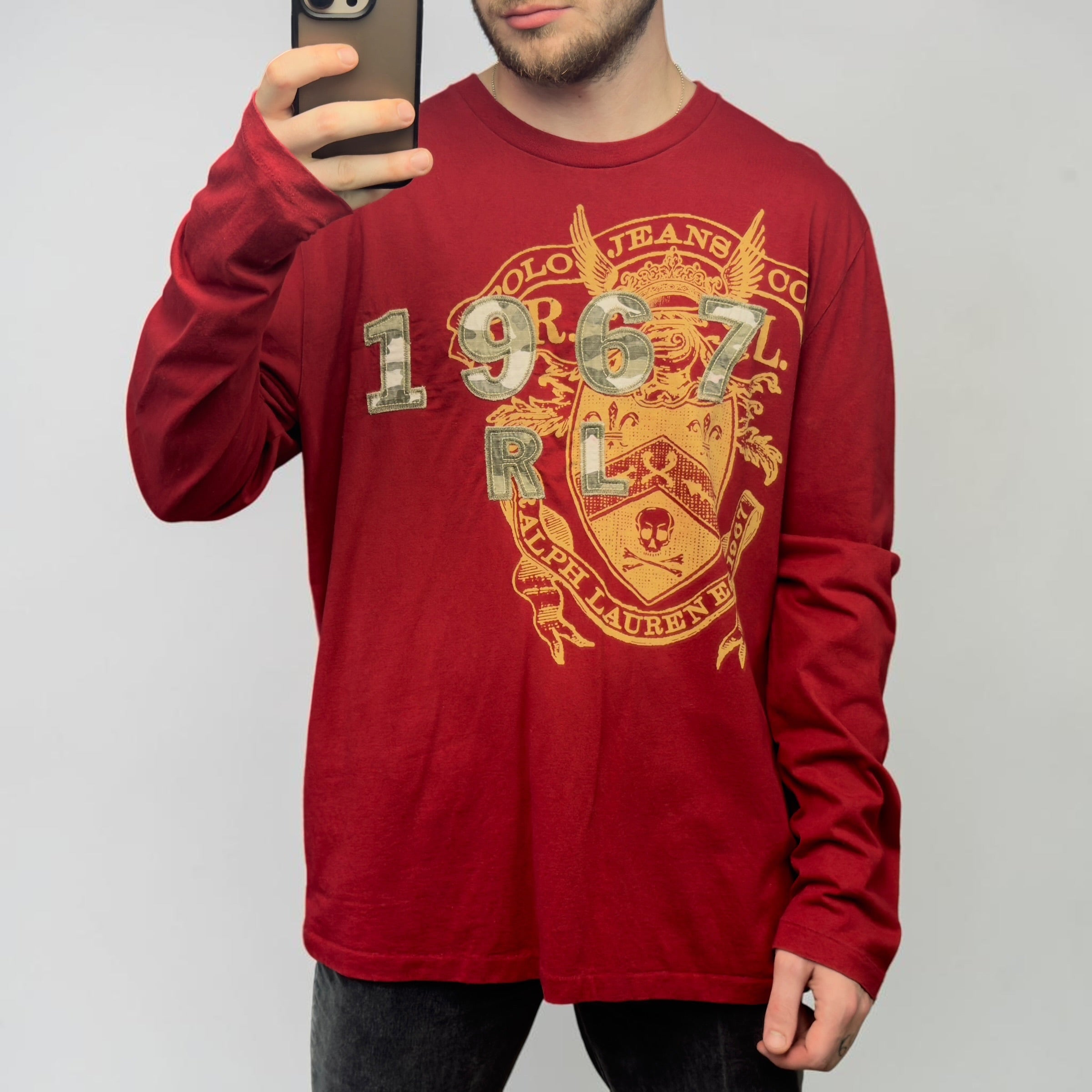 Ralph Lauren 2000's graphic embroidered long sleeve tee (L)